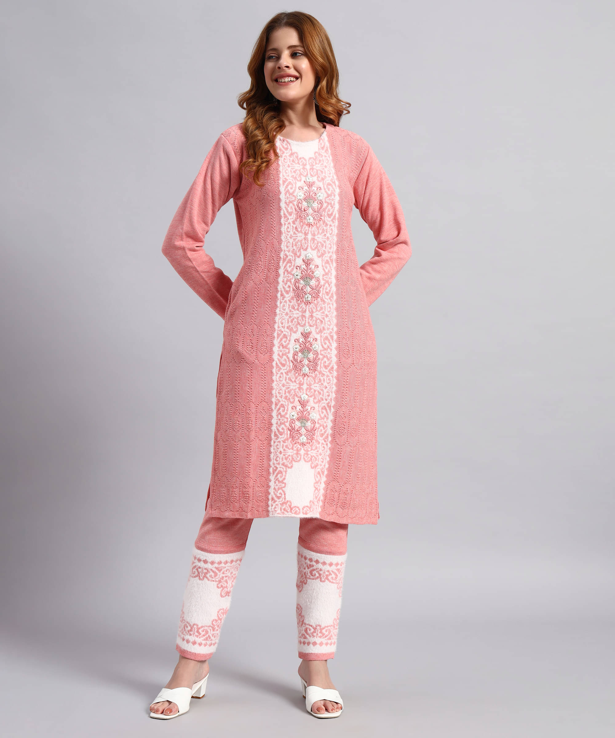 DUCOHIVE Women Woollen Self Design Straight Kurti With Palazzo ( Peach ) DUCOHIVE Women Woollen Self Design Straight Kurti With Palazzo ( Peach )