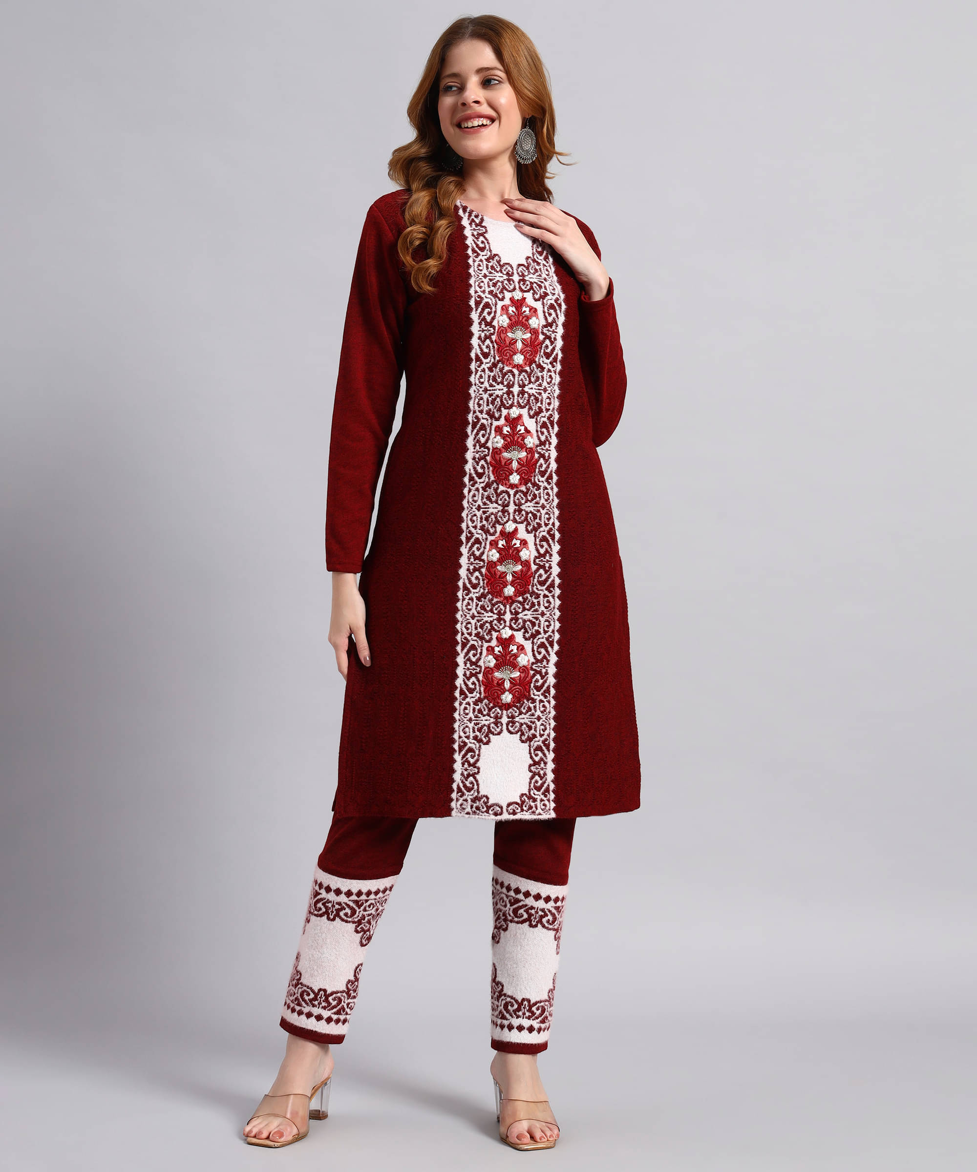 DUCOHIVE Women Woollen Self Design Straight Kurti With Palazzo ( Wine ) DUCOHIVE Women Woollen Self Design Straight Kurti With Palazzo ( Wine )