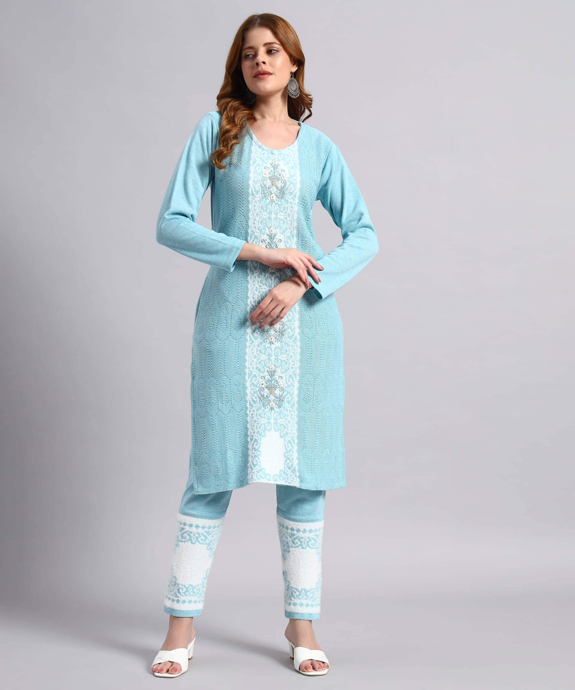 DUCOHIVE Women Woollen Self Design Straight Kurti With Palazzo ( Light Blue ) DUCOHIVE Women Woollen Self Design Straight Kurti With Palazzo ( Light Blue )