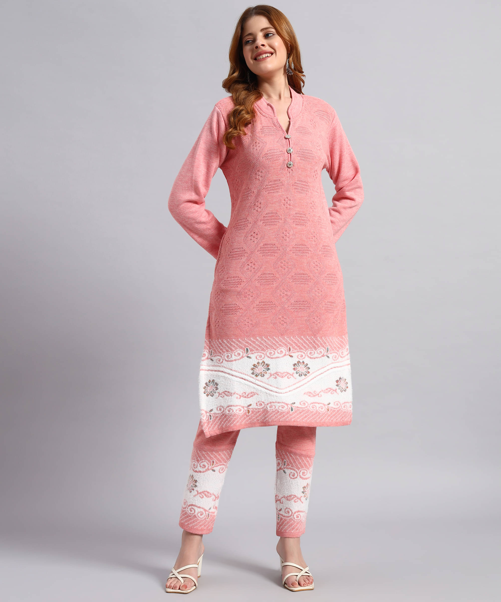 DUCOHIVE Women Woollen Self Design Straight Kurti With Palazzo ( Peach ) DUCOHIVE Women Woollen Self Design Straight Kurti With Palazzo ( Peach )