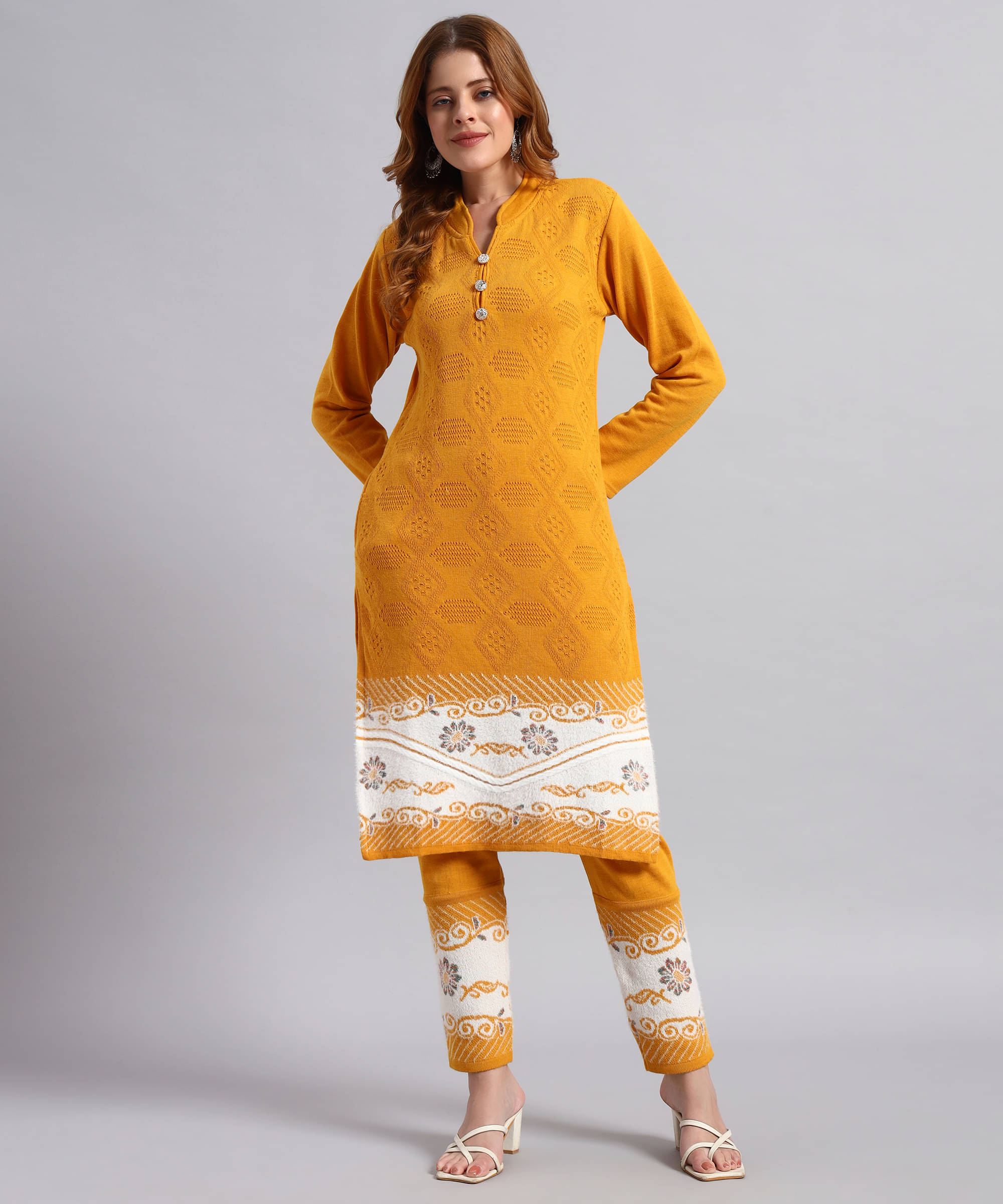 DUCOHIVE Women Woollen Self Design Straight Kurti With Palazzo ( Mustard ) DUCOHIVE Women Woollen Self Design Straight Kurti With Palazzo ( Mustard )