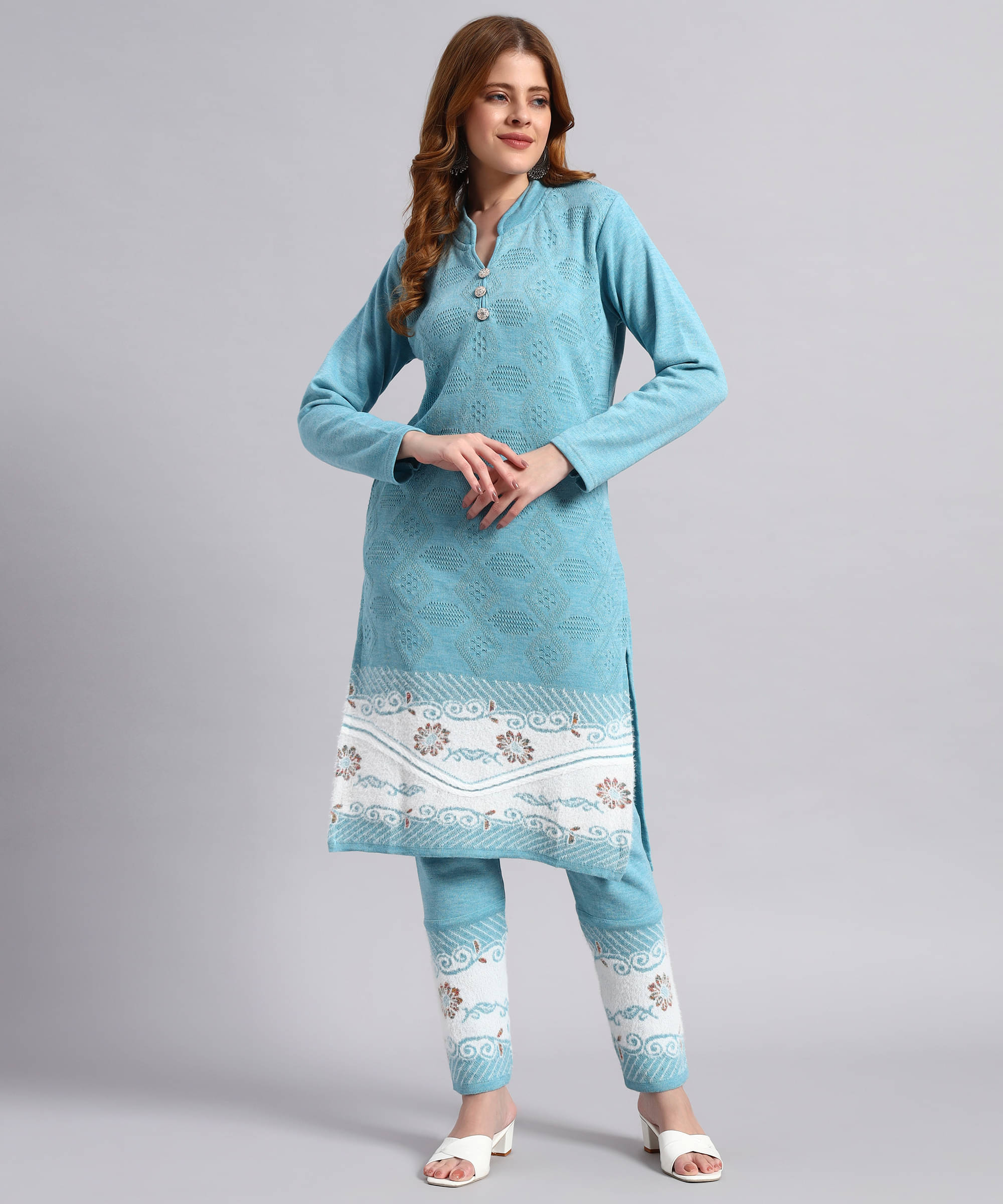 DUCOHIVE Women Woollen Self Design Straight Kurti With Palazzo ( Light Blue ) DUCOHIVE Women Woollen Self Design Straight Kurti With Palazzo ( Light Blue )