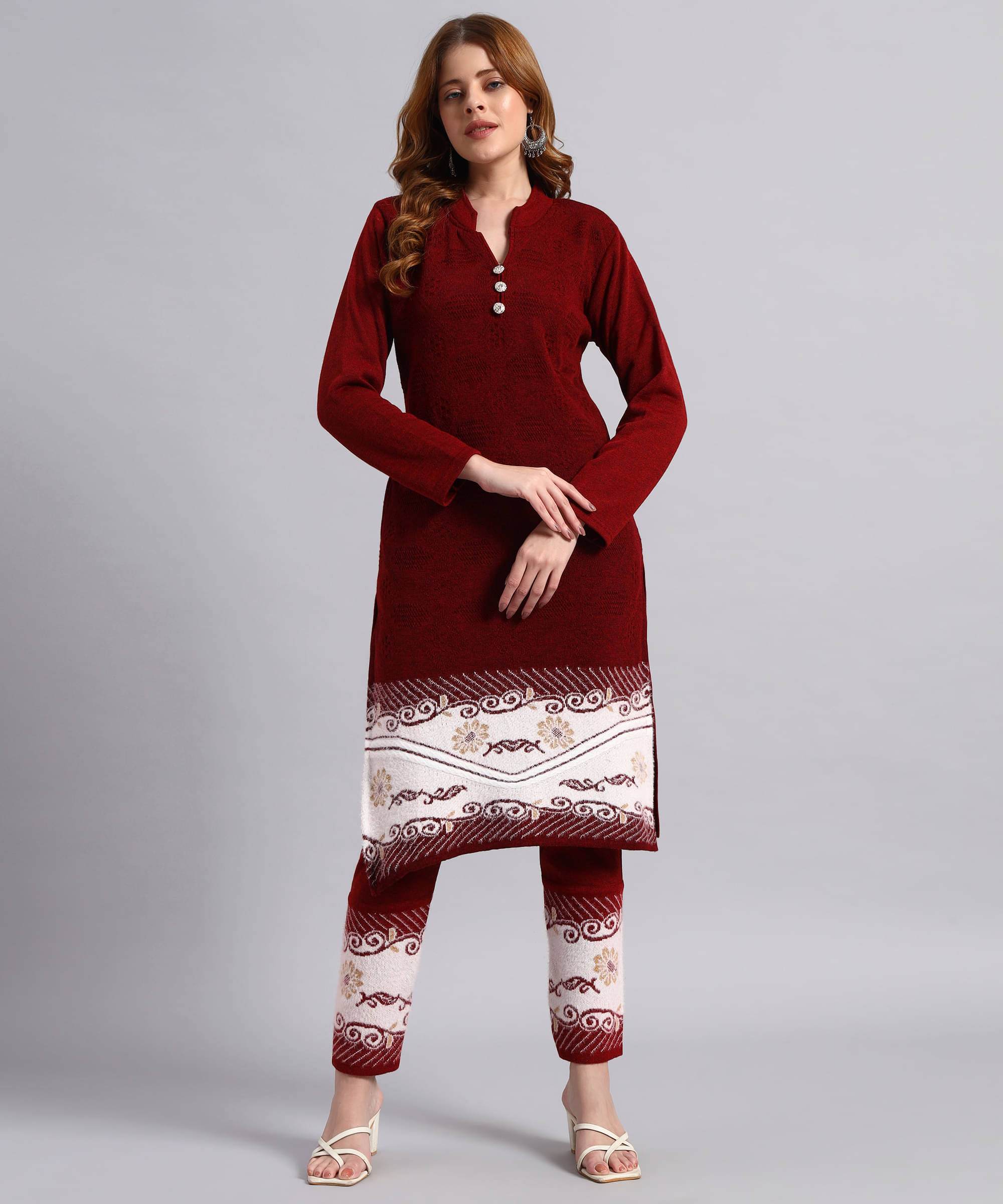 DUCOHIVE Women Woollen Self Design Straight Kurti With Palazzo ( Wine ) DUCOHIVE Women Woollen Self Design Straight Kurti With Palazzo ( Wine )