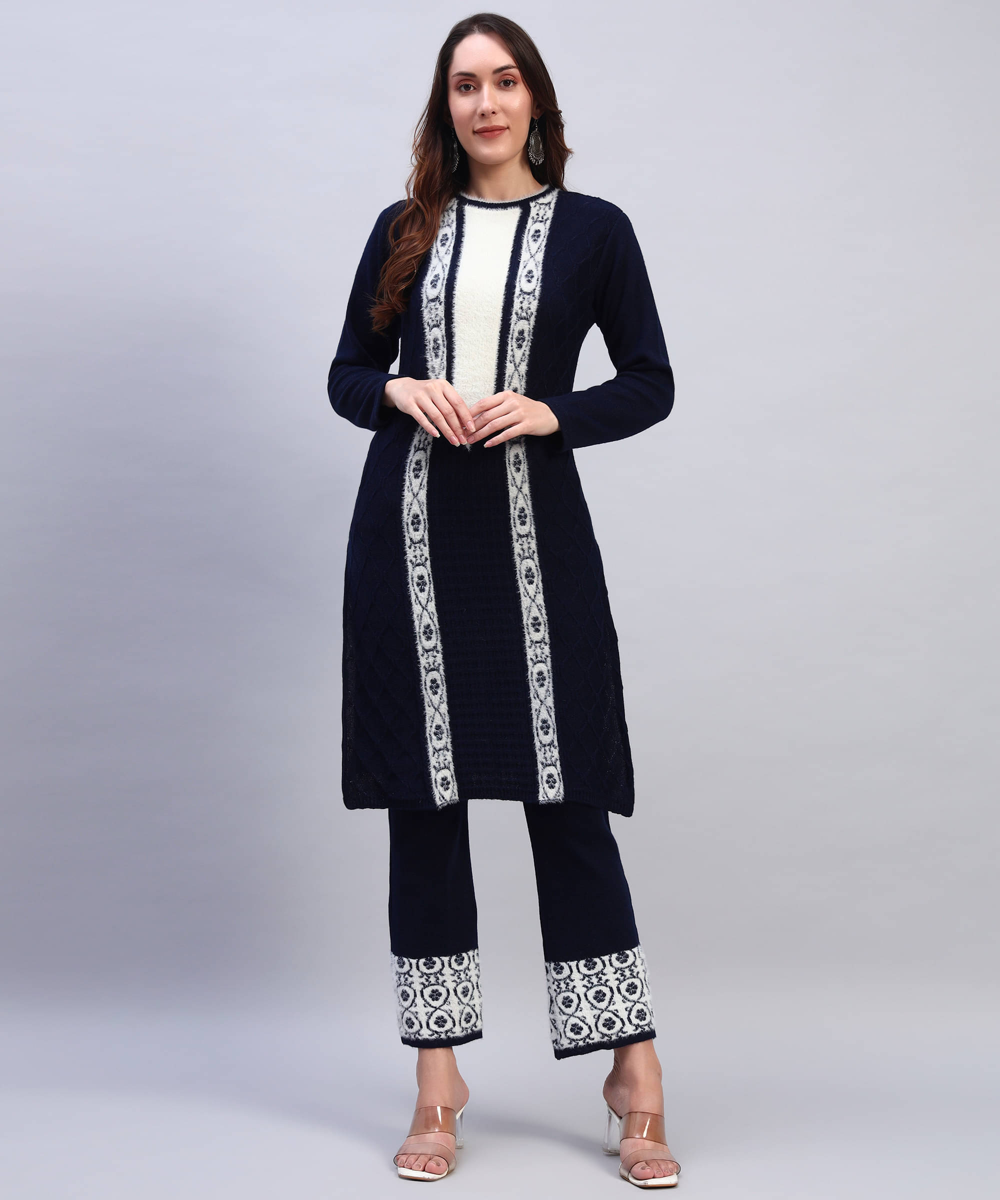 DUCOHIVE Women Woollen Self Design Straight Kurti With Palazzo ( Navy ) DUCOHIVE Women Woollen Self Design Straight Kurti With Palazzo ( Navy )
