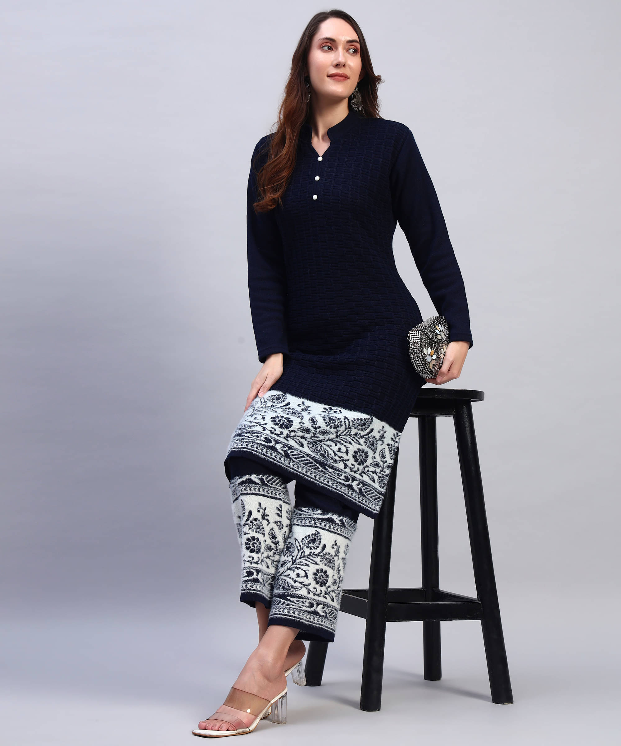 DUCOHIVE Women Woollen Self Design Straight Kurti With Palazzo ( Navy ) DUCOHIVE Women Woollen Self Design Straight Kurti With Palazzo ( Navy )