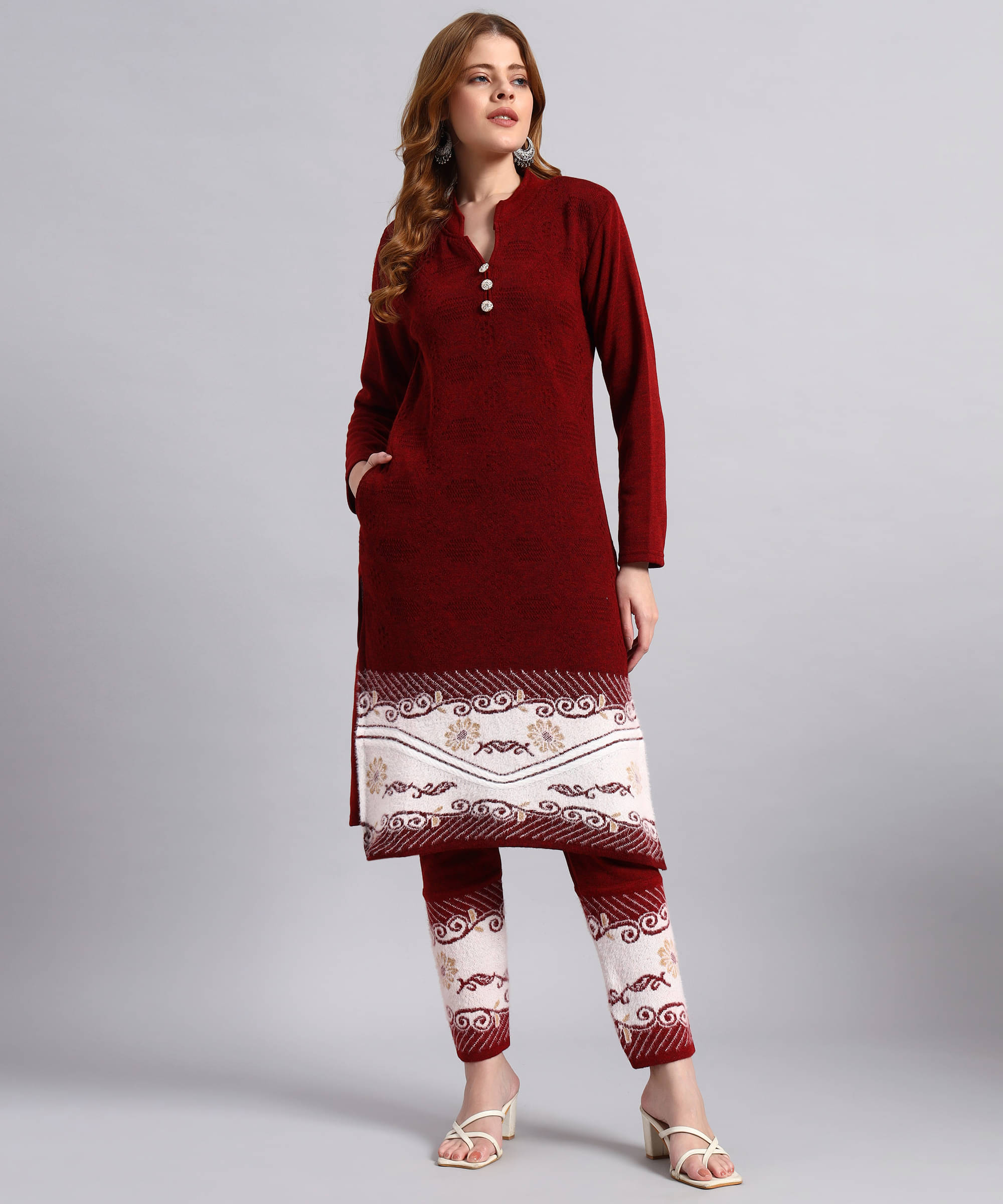 DUCOHIVE Women Woollen Self Design Straight Kurti With Palazzo ( Wine ) DUCOHIVE Women Woollen Self Design Straight Kurti With Palazzo ( Wine )