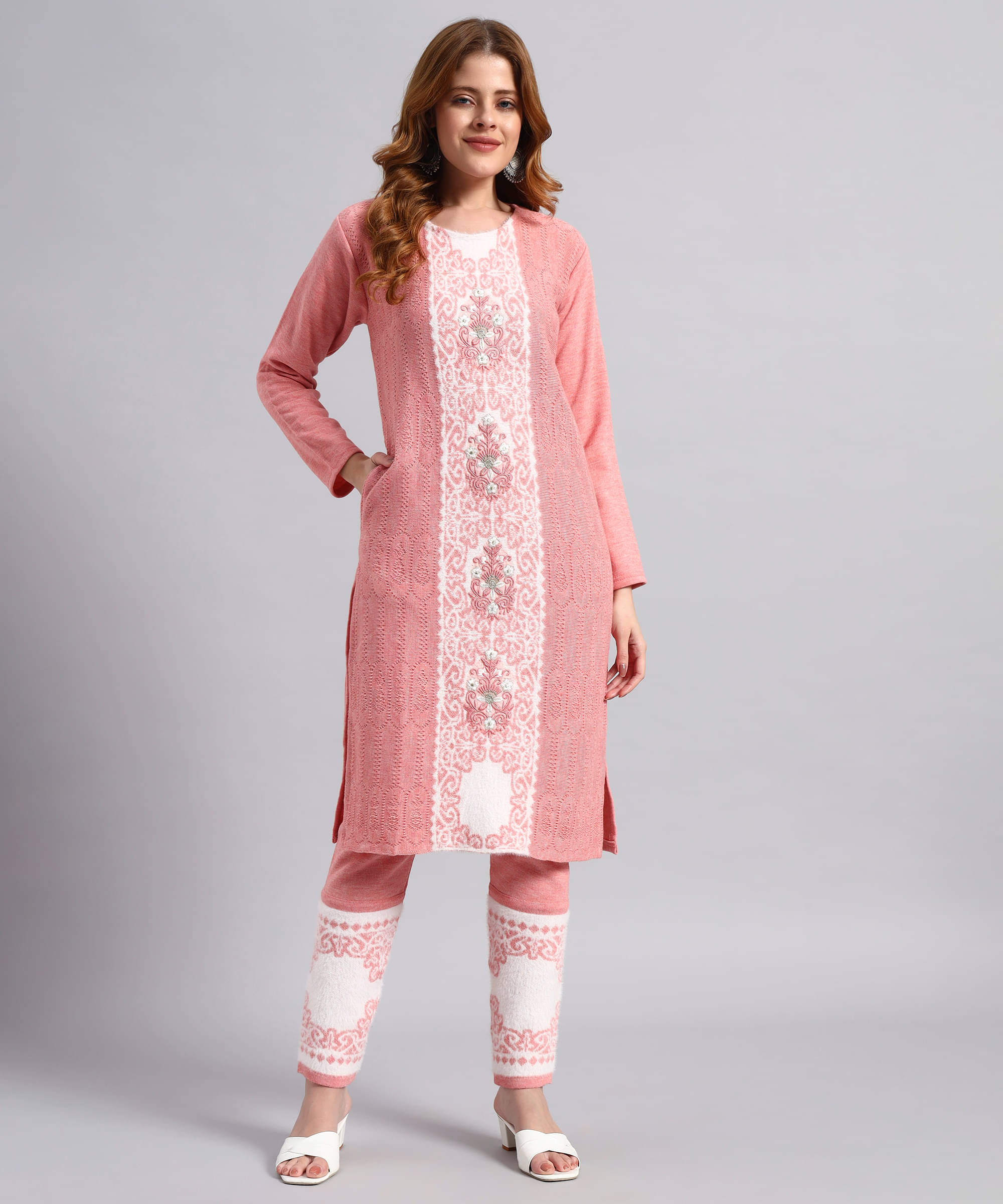 DUCOHIVE Women Woollen Self Design Straight Kurti With Palazzo ( Peach ) DUCOHIVE Women Woollen Self Design Straight Kurti With Palazzo ( Peach )