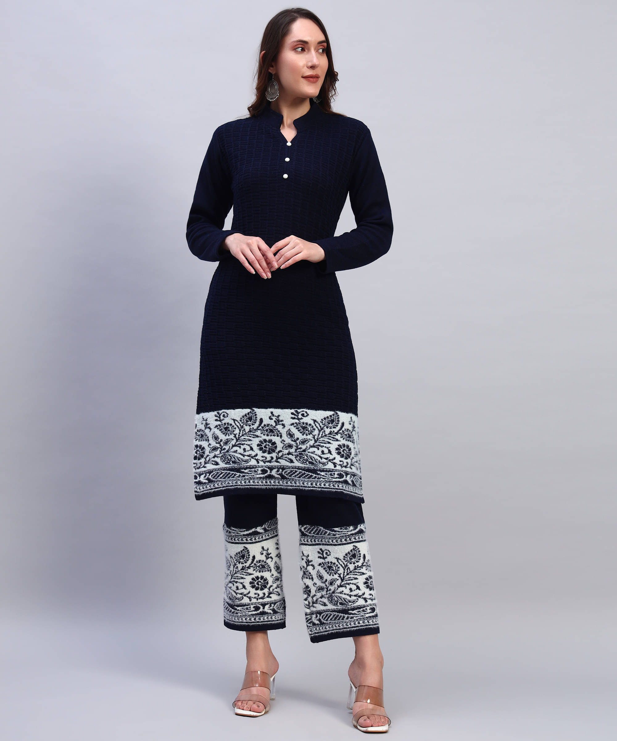 DUCOHIVE Women Woollen Self Design Straight Kurti With Palazzo ( Navy ) DUCOHIVE Women Woollen Self Design Straight Kurti With Palazzo ( Navy )