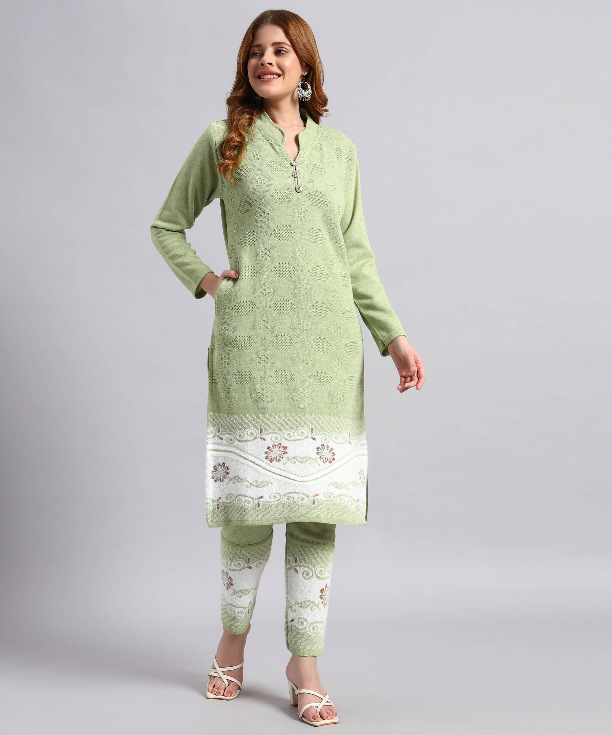     			DUCOHIVE Women Woollen Self Design Straight Kurti With Palazzo ( Green )