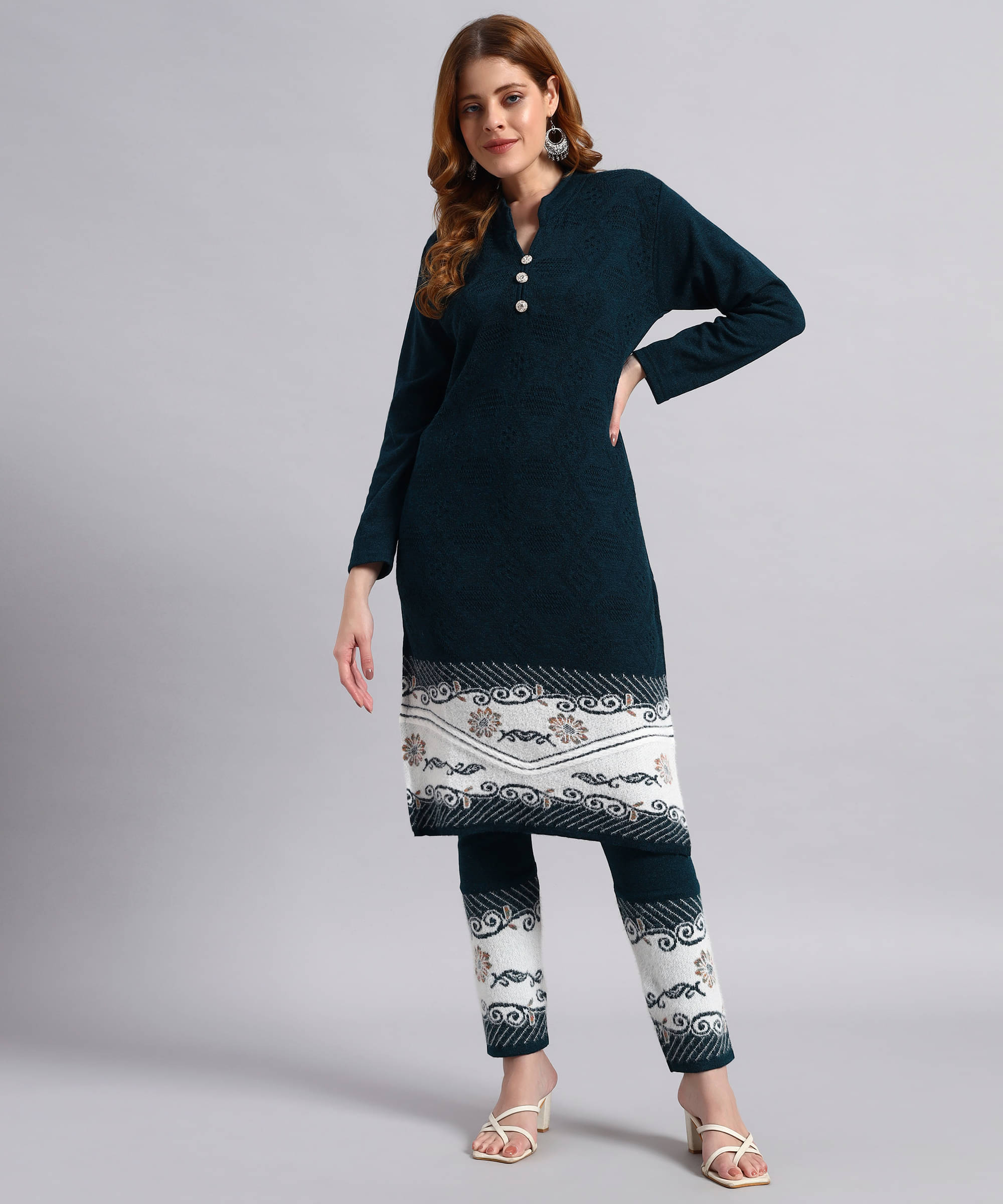 DUCOHIVE Women Woollen Self Design Straight Kurti With Palazzo ( Blue ) DUCOHIVE Women Woollen Self Design Straight Kurti With Palazzo ( Blue )