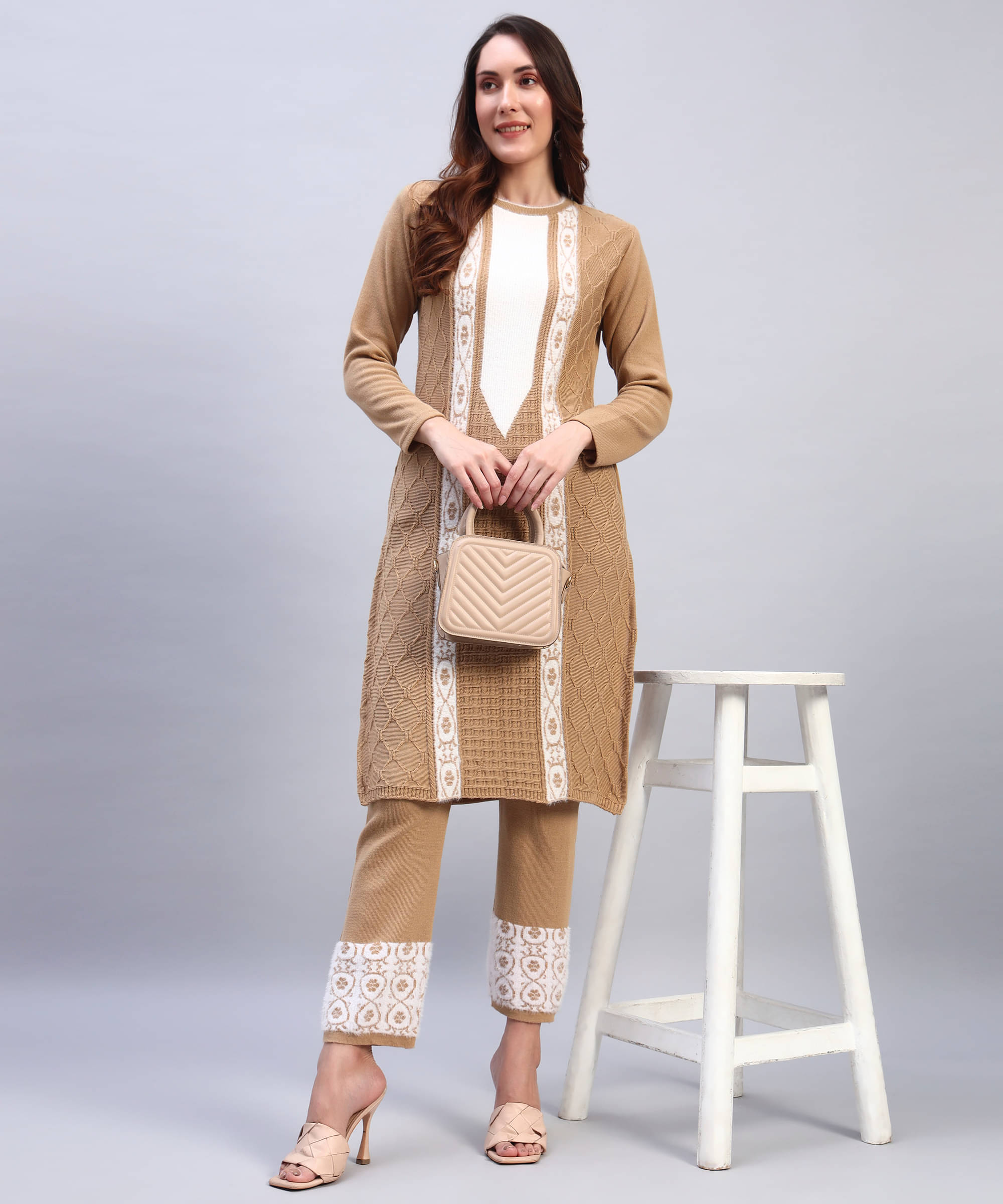 DUCOHIVE Women Woollen Self Design Straight Kurti With Palazzo ( Cream ) DUCOHIVE Women Woollen Self Design Straight Kurti With Palazzo ( Cream )