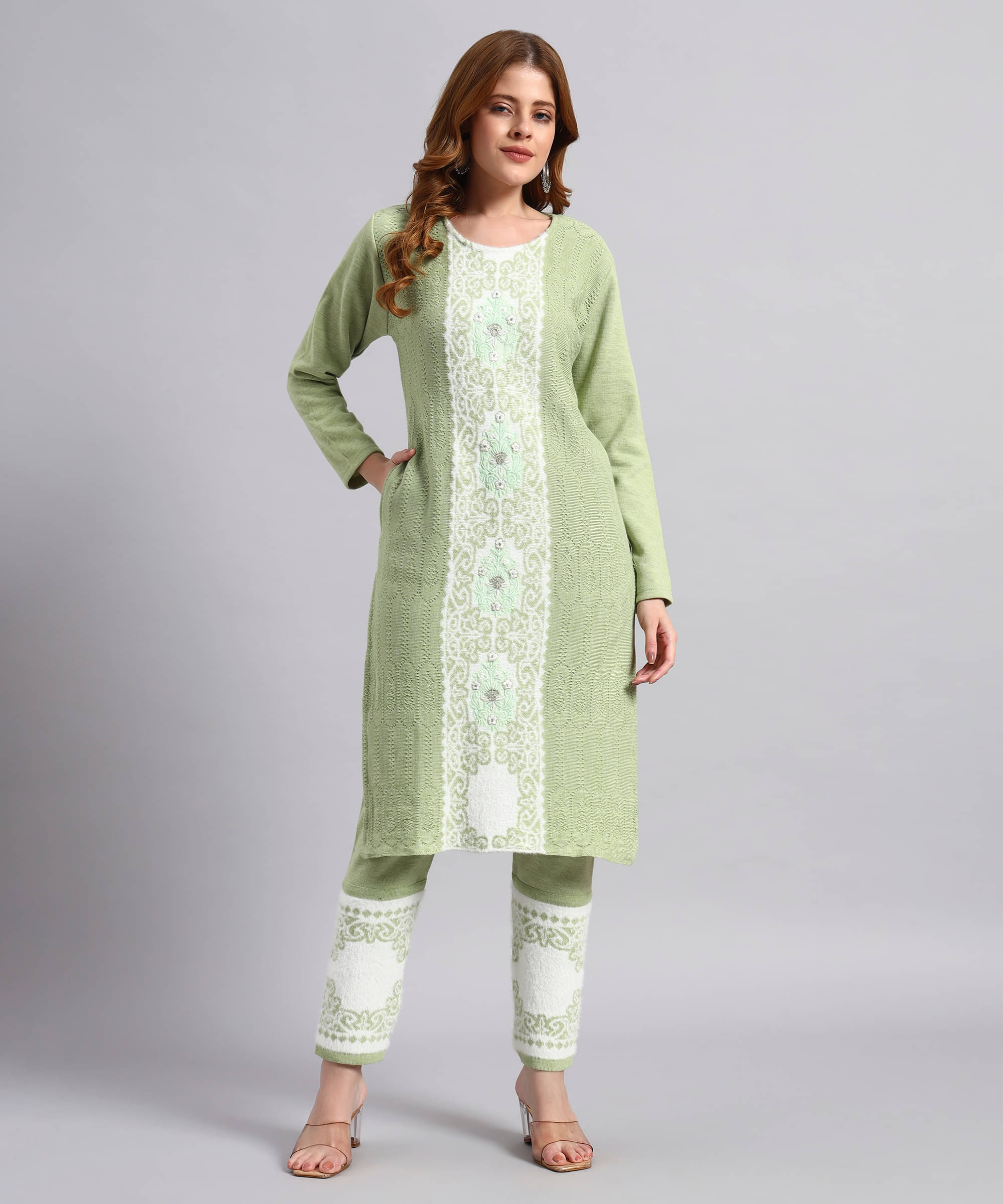 DUCOHIVE Women Woollen Self Design Straight Kurti With Palazzo ( Green ) DUCOHIVE Women Woollen Self Design Straight Kurti With Palazzo ( Green )