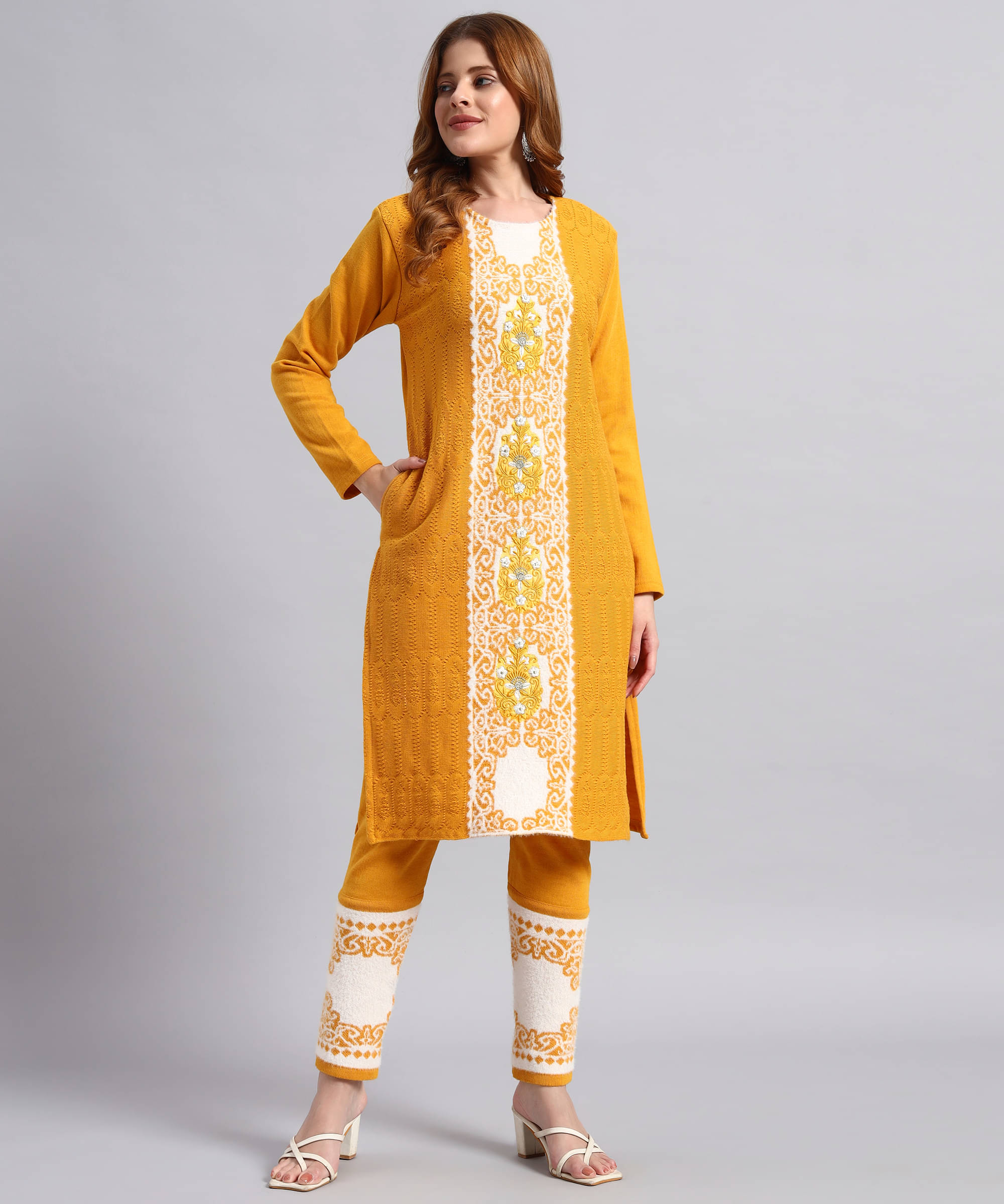 DUCOHIVE Women Woollen Self Design Straight Kurti With Palazzo ( Mustard ) DUCOHIVE Women Woollen Self Design Straight Kurti With Palazzo ( Mustard )