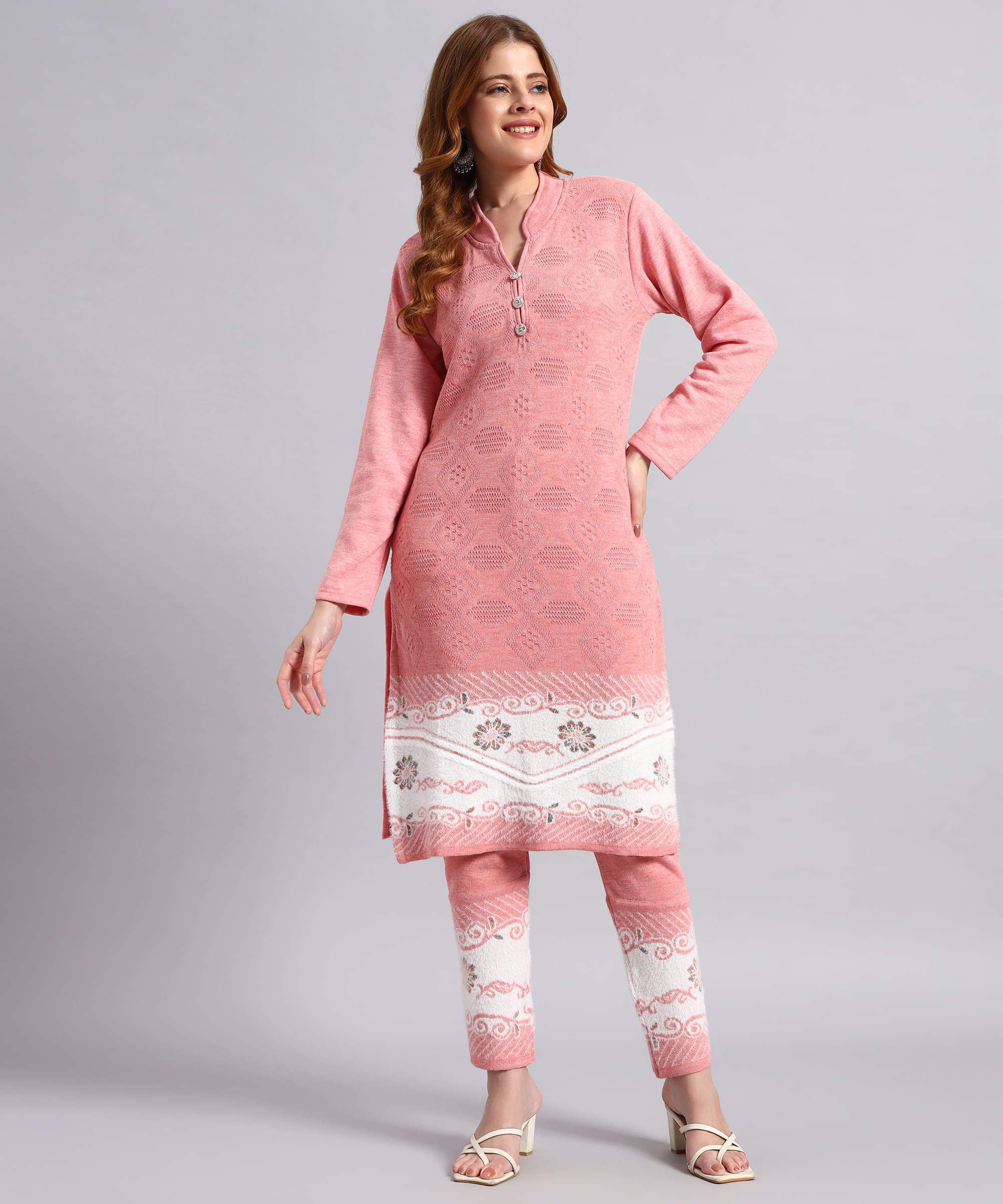 DUCOHIVE Women Woollen Self Design Straight Kurti With Palazzo ( Peach ) DUCOHIVE Women Woollen Self Design Straight Kurti With Palazzo ( Peach )