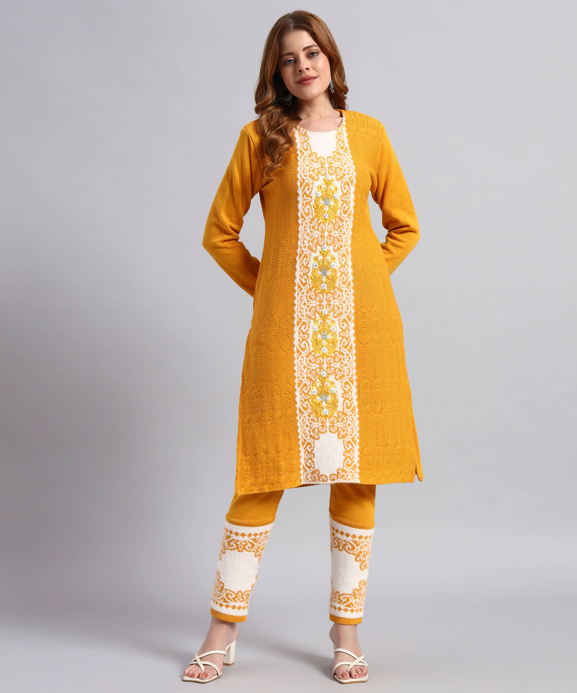 DUCOHIVE Women Woollen Self Design Straight Kurti With Palazzo ( Mustard ) DUCOHIVE Women Woollen Self Design Straight Kurti With Palazzo ( Mustard )