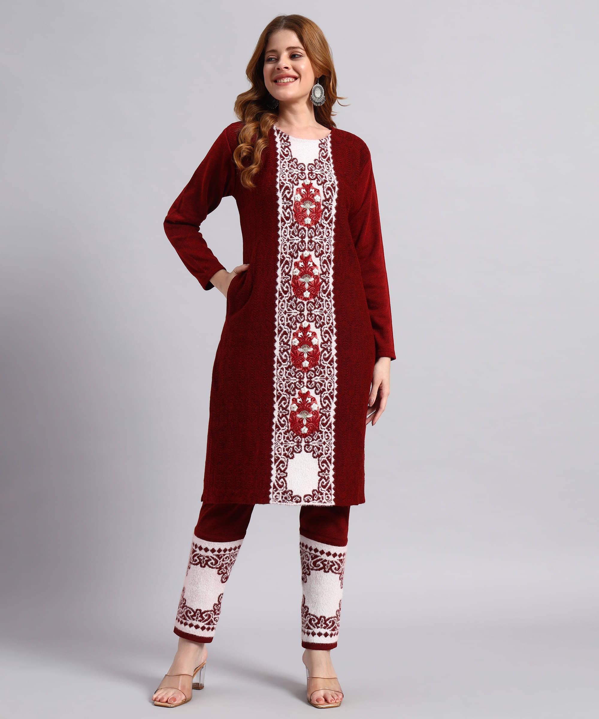 DUCOHIVE Women Woollen Self Design Straight Kurti With Palazzo ( Wine ) DUCOHIVE Women Woollen Self Design Straight Kurti With Palazzo ( Wine )
