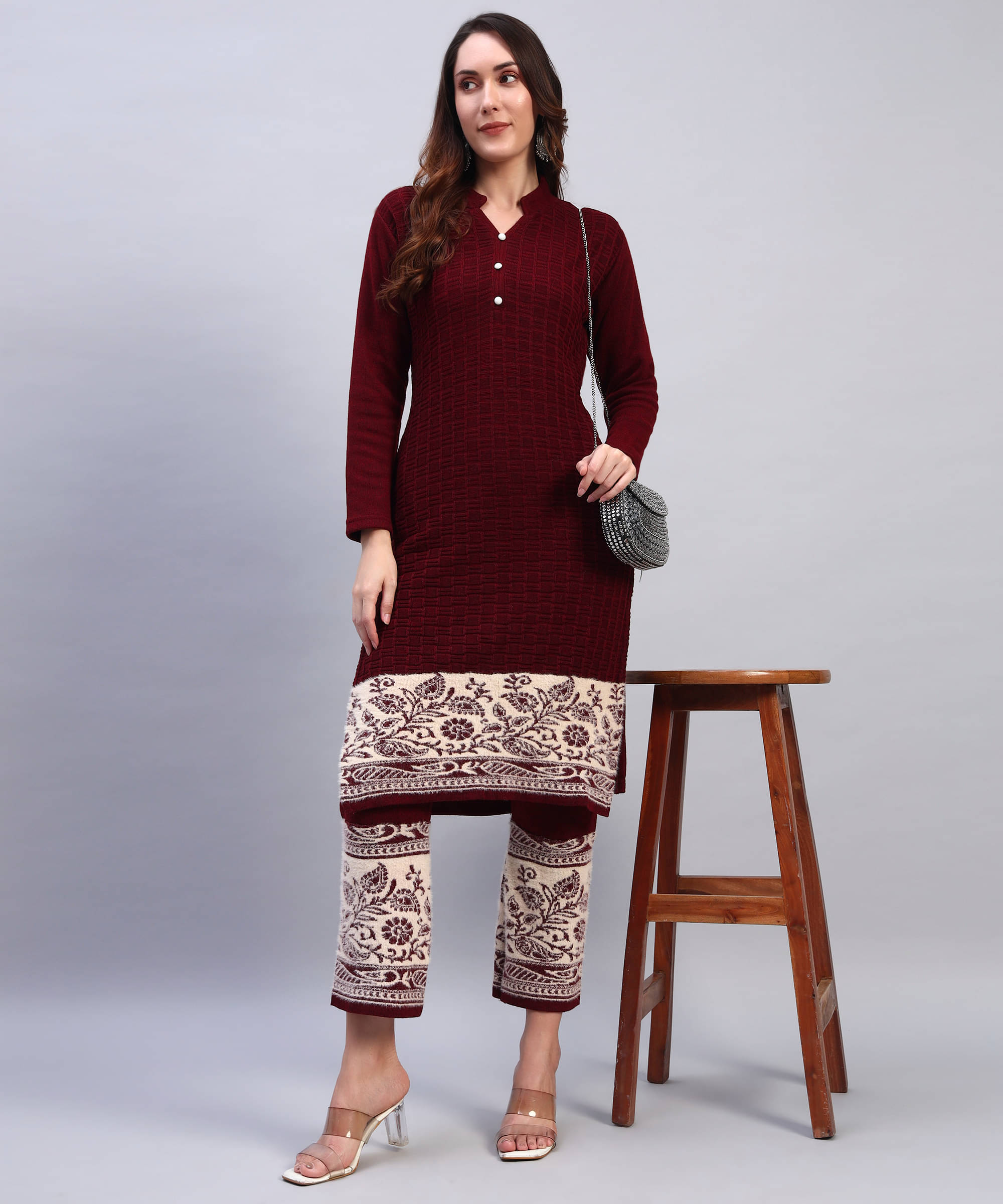     			DUCOHIVE Women Woollen Self Design Straight Kurti With Palazzo ( Maroon )