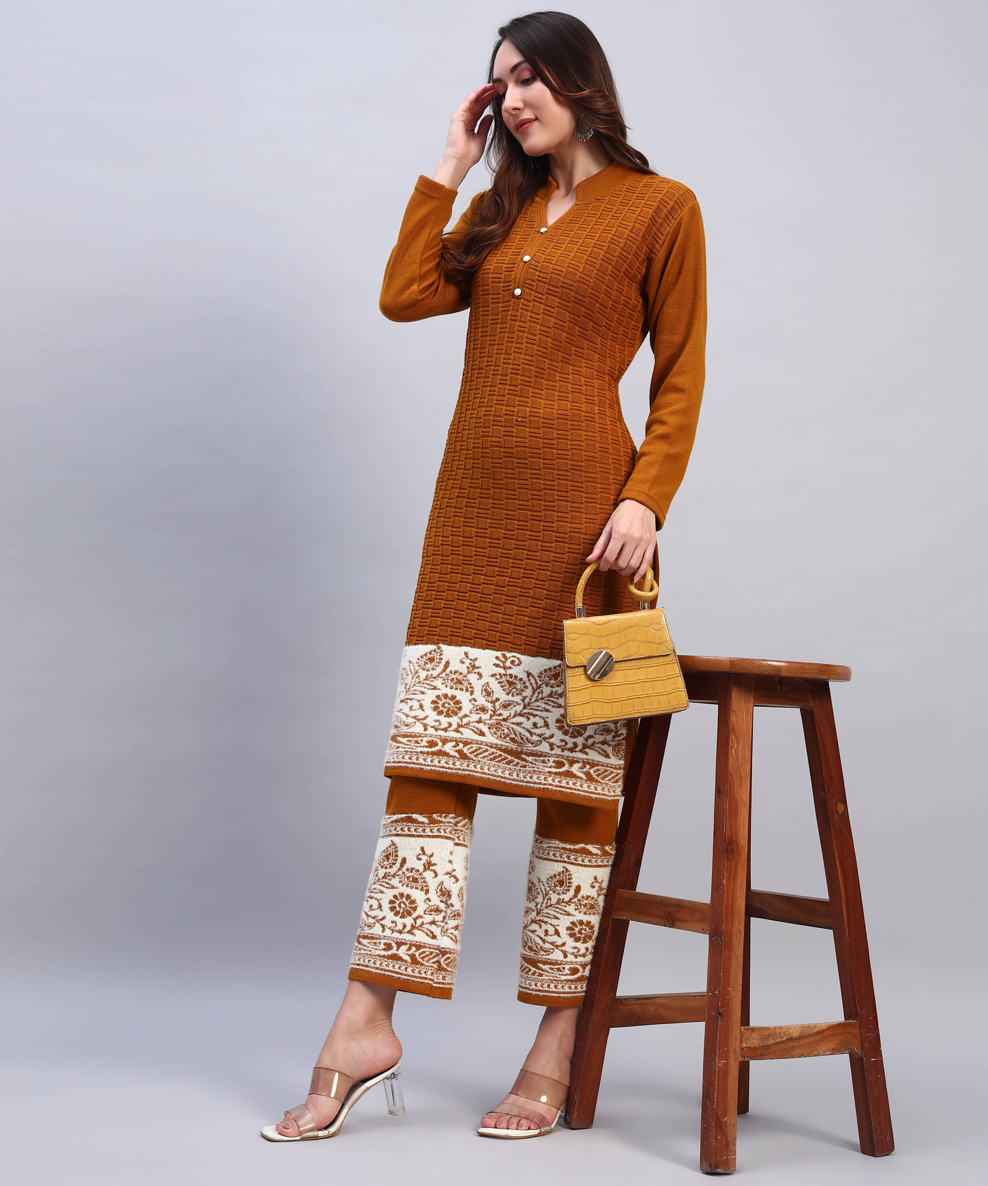 DUCOHIVE Women Woollen Self Design Straight Kurti With Palazzo ( Mustard ) DUCOHIVE Women Woollen Self Design Straight Kurti With Palazzo ( Mustard )