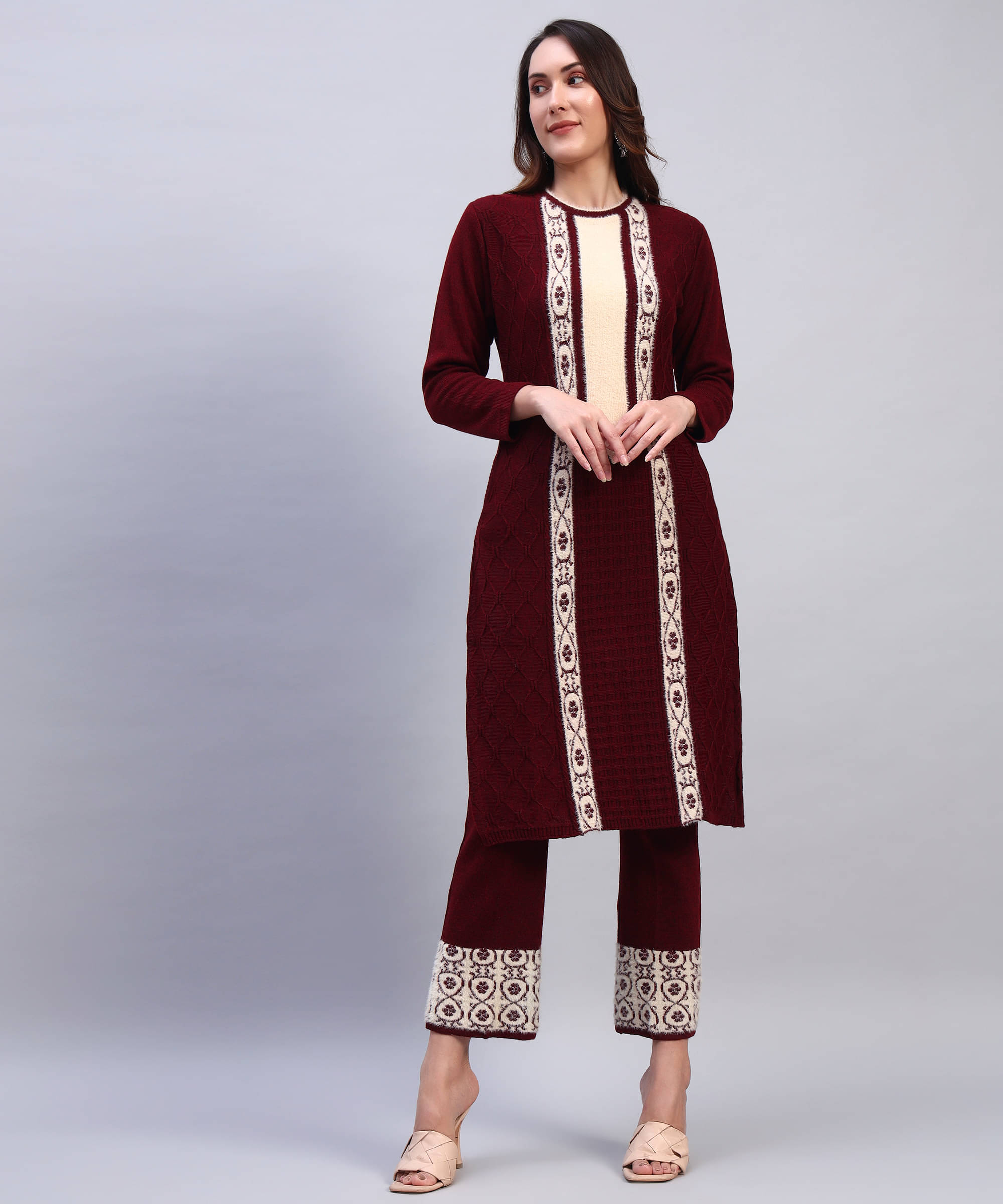 DUCOHIVE Women Woollen Self Design Straight Kurti With Palazzo ( Maroon ) DUCOHIVE Women Woollen Self Design Straight Kurti With Palazzo ( Maroon )