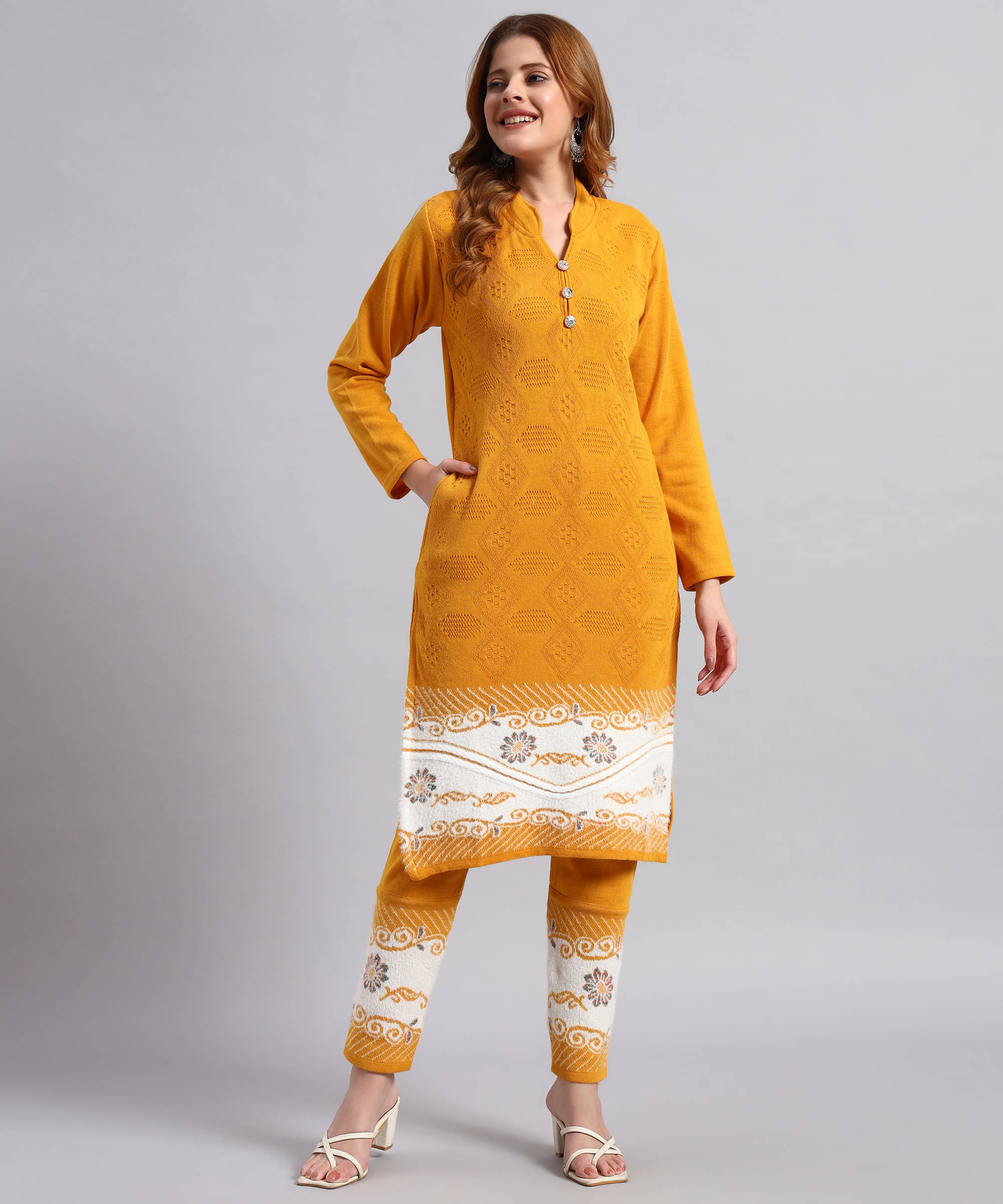 DUCOHIVE Women Woollen Self Design Straight Kurti With Palazzo ( Mustard ) DUCOHIVE Women Woollen Self Design Straight Kurti With Palazzo ( Mustard )