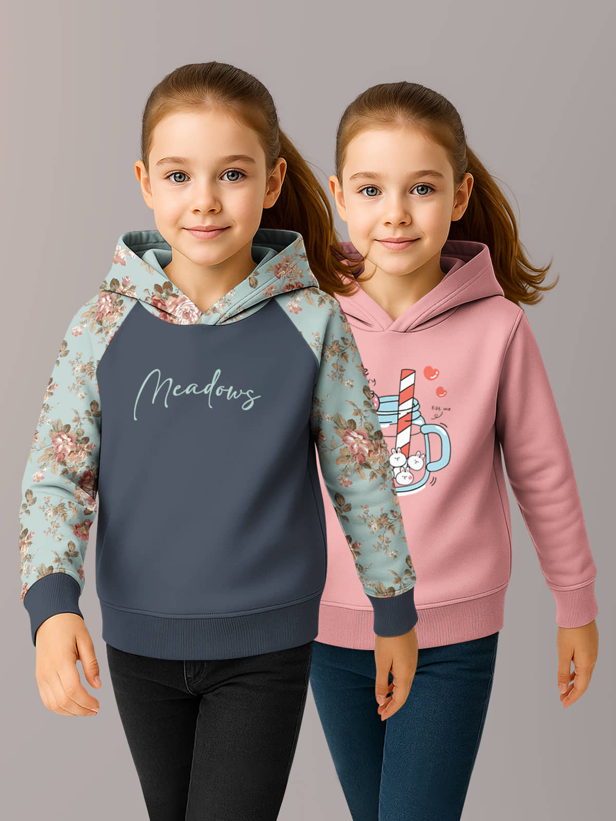 HELLCAT Trendy Cotton Blend Hoodie Sweatshirt for Girls - Pack of 2_Dark Grey, Pink_7-8Years