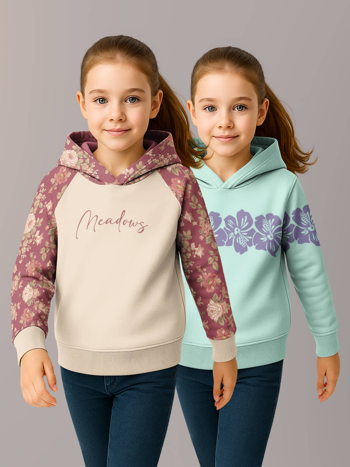 HELLCAT Trendy Cotton Blend Hoodie Sweatshirt for Girls - Pack of 2_Brown, Mint Green_11-12Years