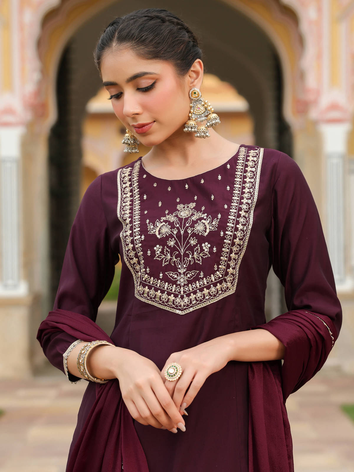 Janasya Women Chanderi Embroidered A-line Kurti With Pants ( Wine ) Janasya Women Chanderi Embroidered A-line Kurti With Pants ( Wine )