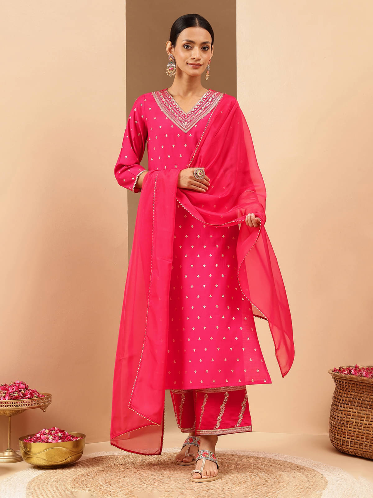Janasya Women Chanderi Embroidered Straight Kurti With Pants ( Pink ) Janasya Women Chanderi Embroidered Straight Kurti With Pants ( Pink )
