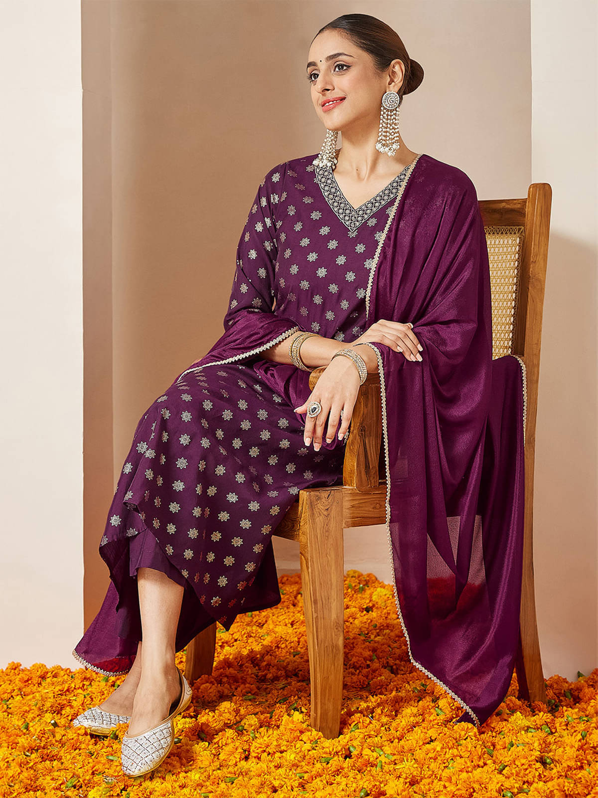 Janasya Women Chanderi Printed A-line Kurti With Pants ( Wine ) Janasya Women Chanderi Printed A-line Kurti With Pants ( Wine )