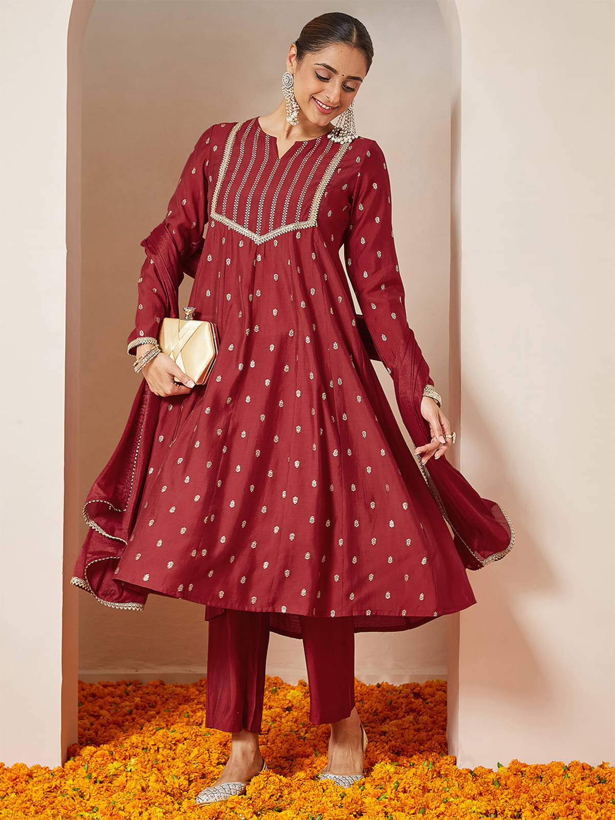 Janasya Women Chanderi Printed Anarkali Kurti With Pants ( Maroon ) Janasya Women Chanderi Printed Anarkali Kurti With Pants ( Maroon )