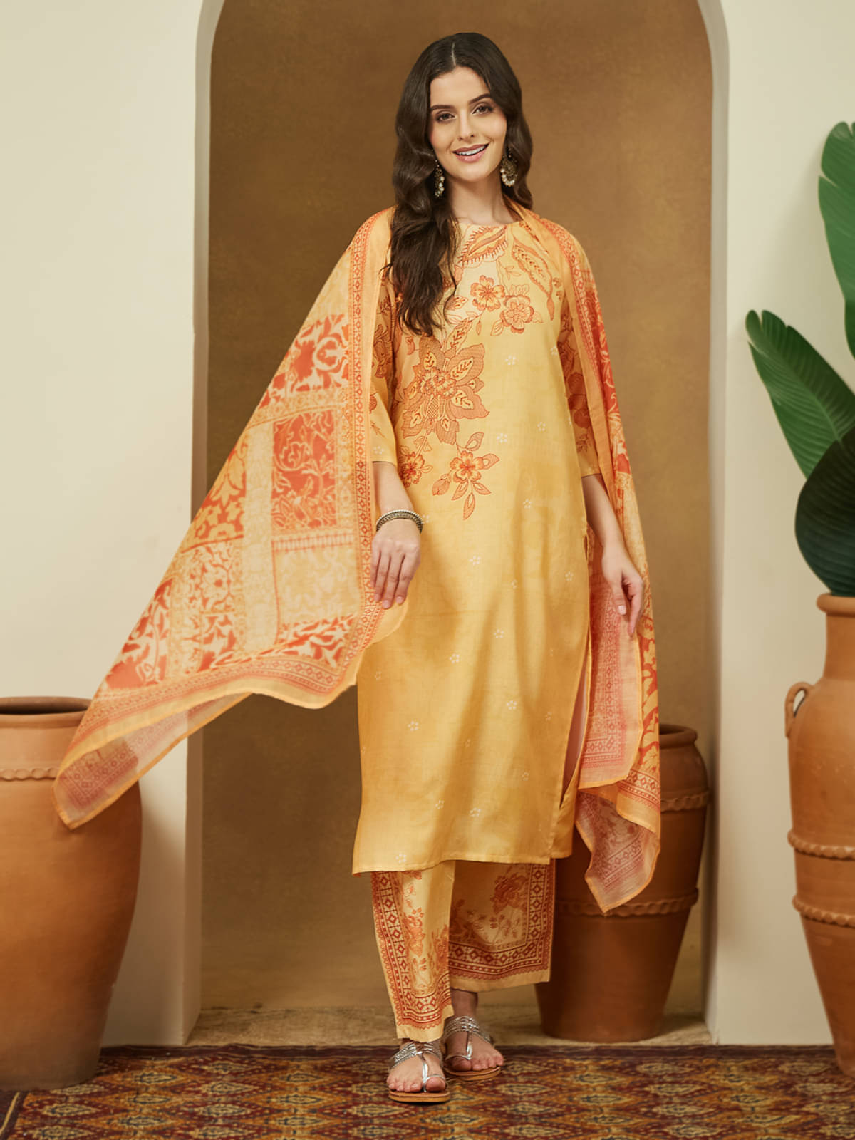 Janasya Women Cotton Blend Printed Straight Kurti With Pants ( Yellow ) Janasya Women Cotton Blend Printed Straight Kurti With Pants ( Yellow )