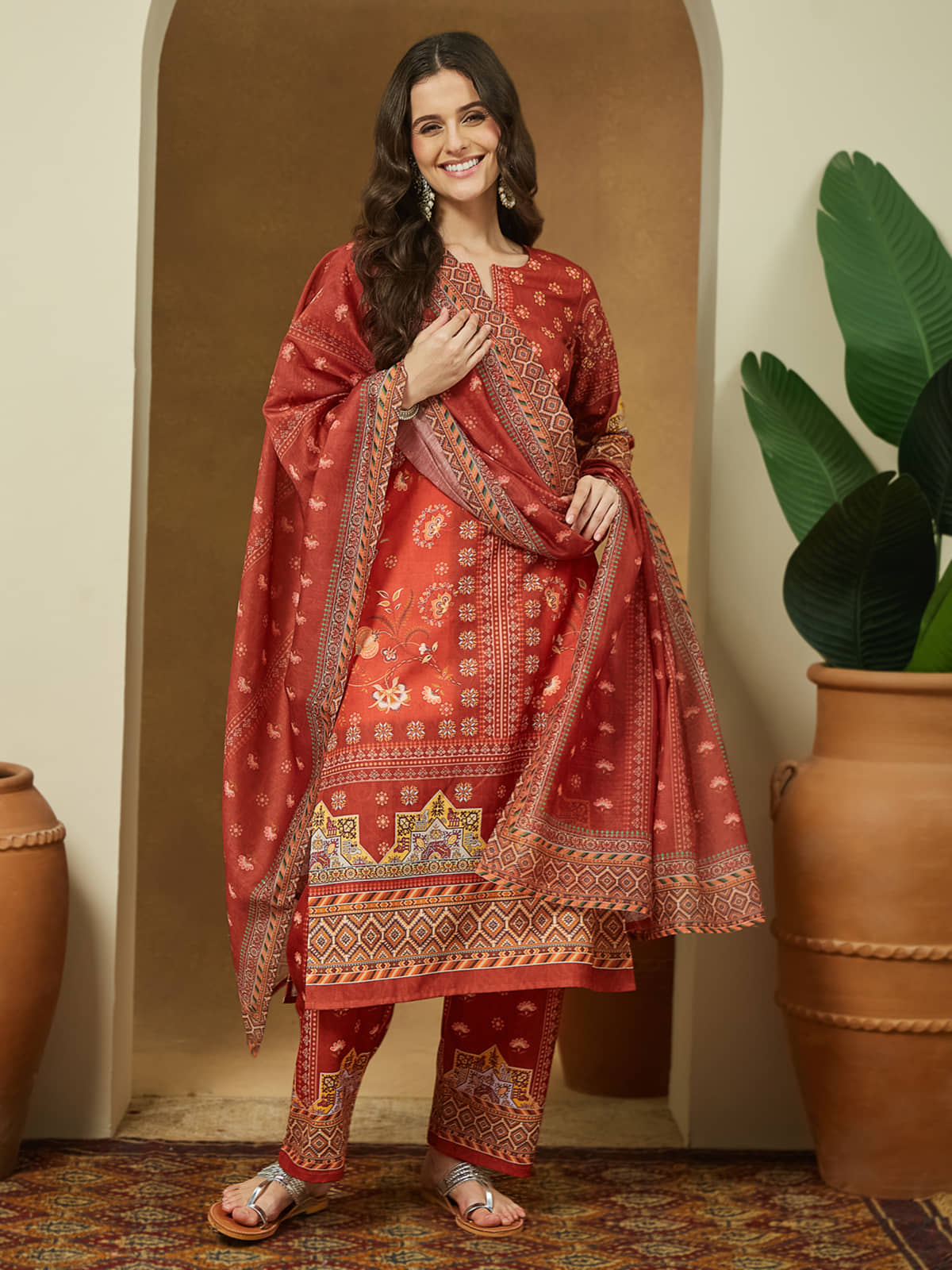 Janasya Women Cotton Blend Printed Straight Kurti With Pants ( Rust )