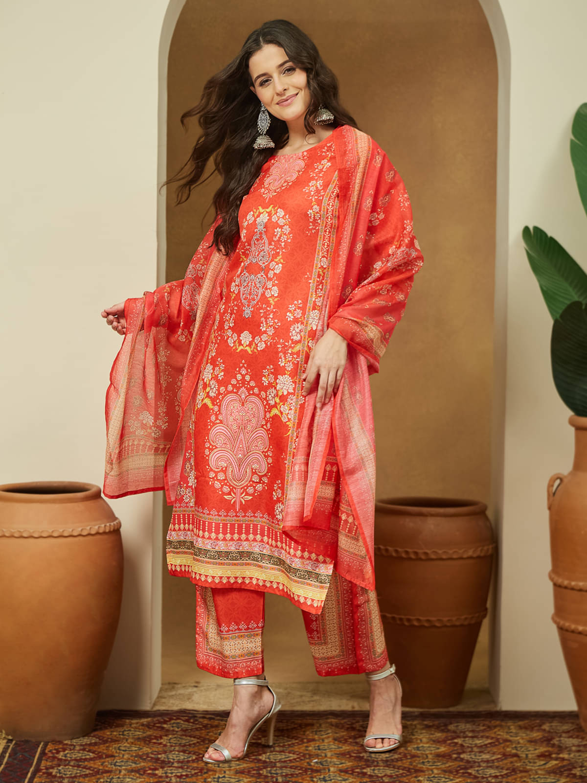Janasya Women Cotton Blend Printed Straight Kurti With Pants ( Orange ) Janasya Women Cotton Blend Printed Straight Kurti With Pants ( Orange )