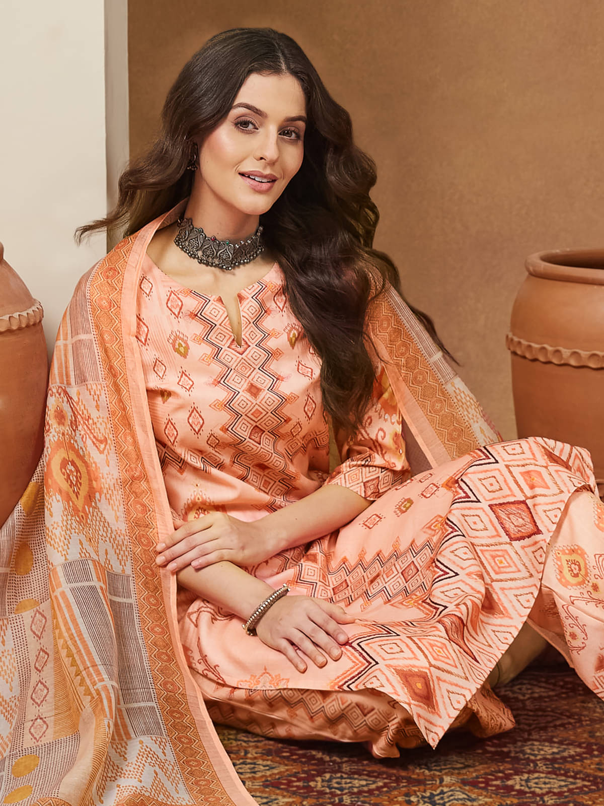 Janasya Women Cotton Blend Printed Straight Kurti With Pants ( Peach ) Janasya Women Cotton Blend Printed Straight Kurti With Pants ( Peach )
