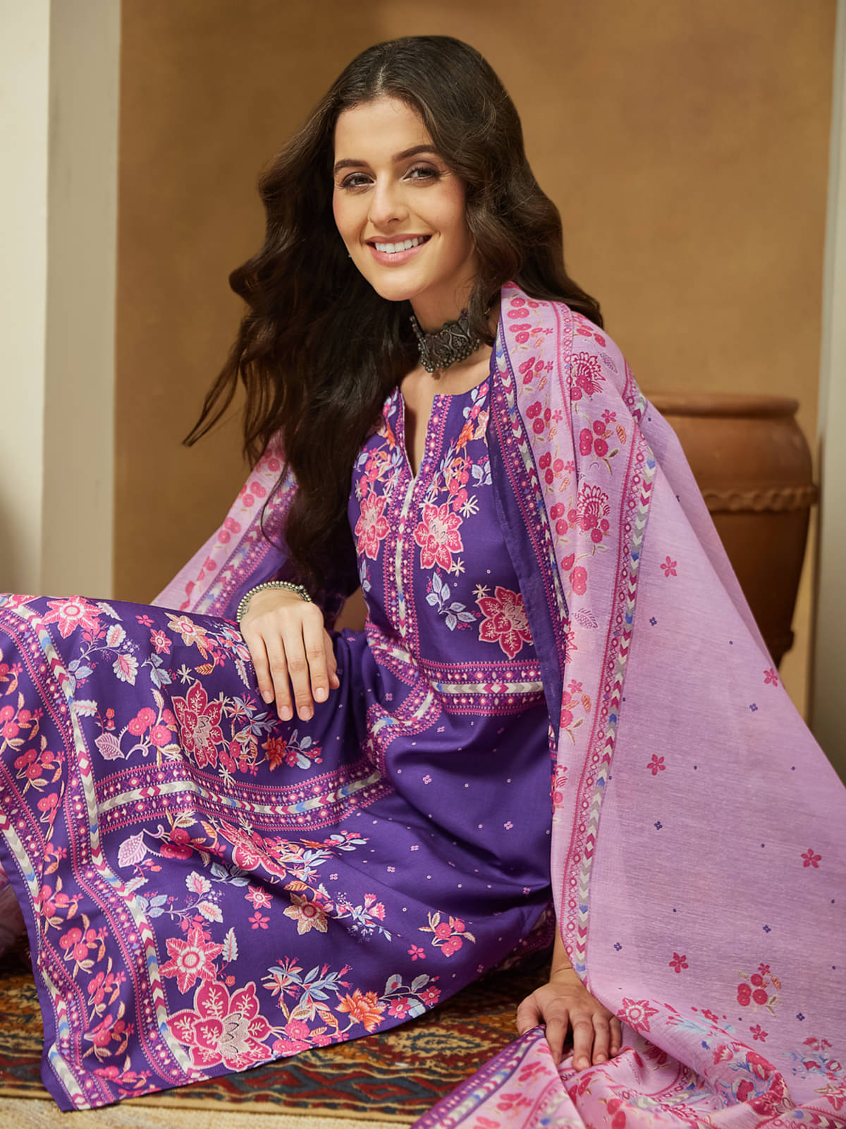 Janasya Women Cotton Blend Printed Straight Kurti With Pants ( Purple ) Janasya Women Cotton Blend Printed Straight Kurti With Pants ( Purple )