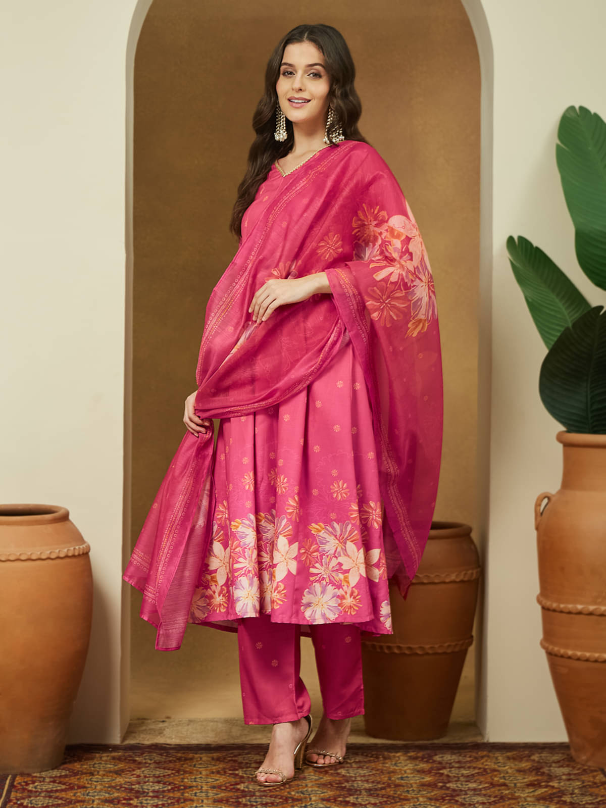 Janasya Women Cotton Blend Printed Anarkali Kurti With Pants ( Pink )     			Janasya Women Cotton Blend Printed Anarkali Kurti With Pants ( Pink )