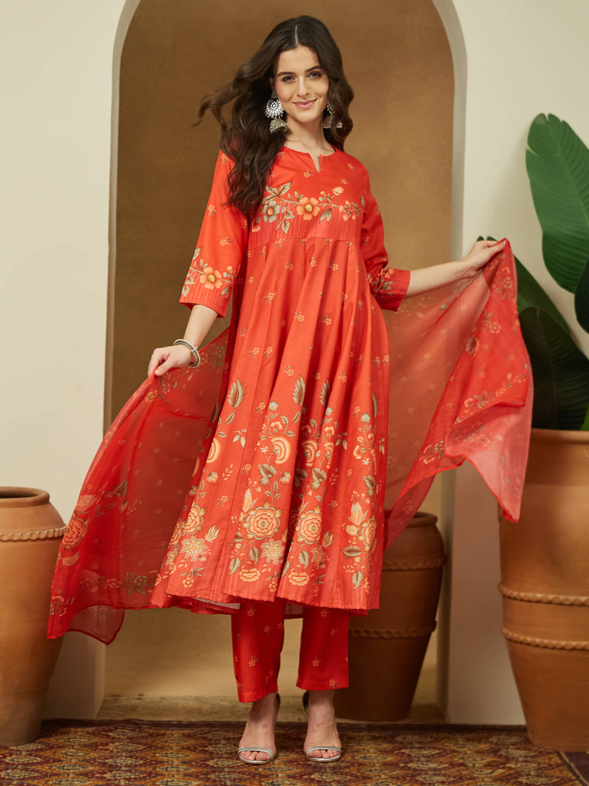 Janasya Women Cotton Blend Printed Anarkali Kurti With Pants ( Orange ) Janasya Women Cotton Blend Printed Anarkali Kurti With Pants ( Orange )