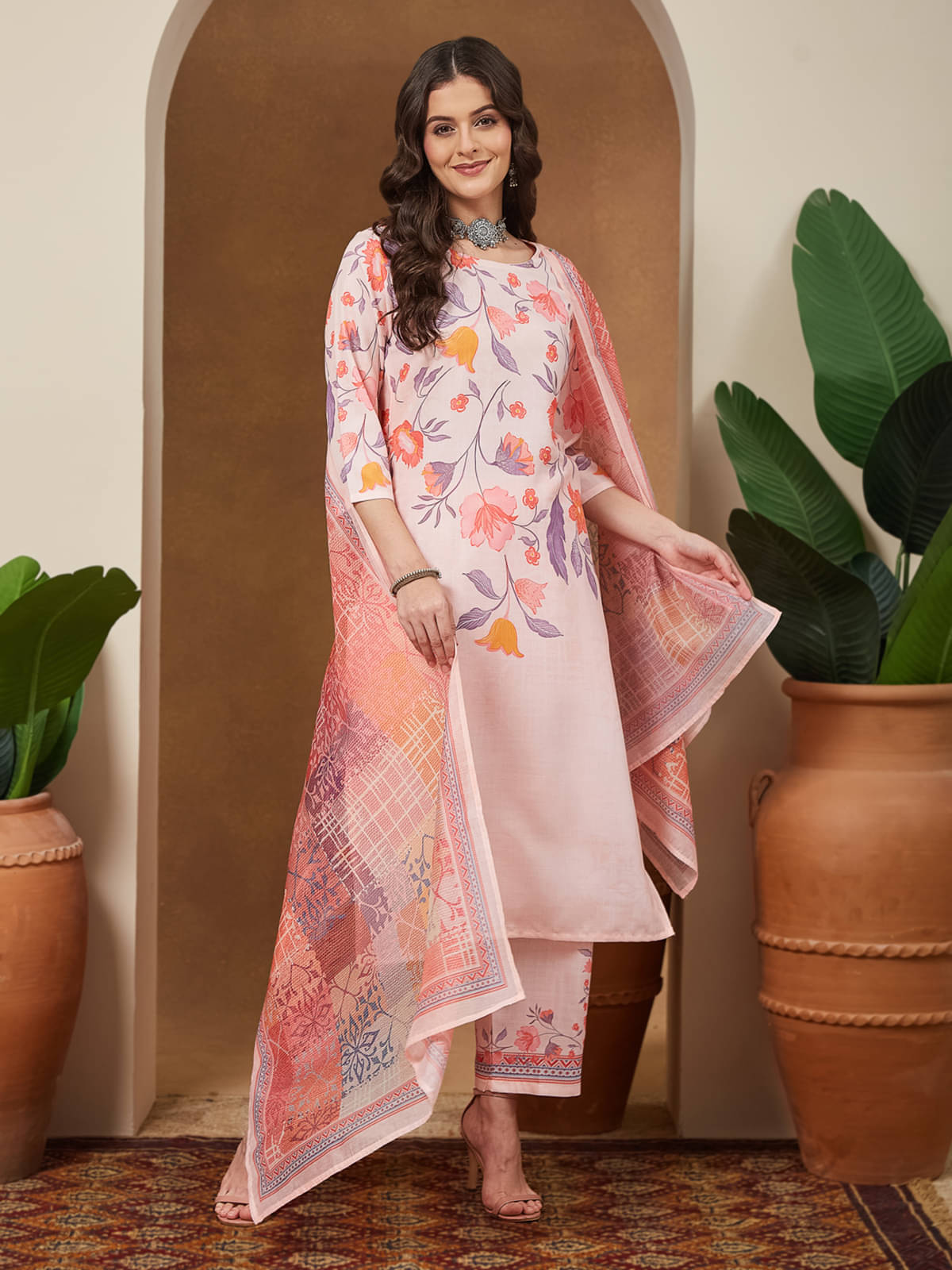 Janasya Women Cotton Blend Printed Straight Kurti With Pants ( Peach ) Janasya Women Cotton Blend Printed Straight Kurti With Pants ( Peach )