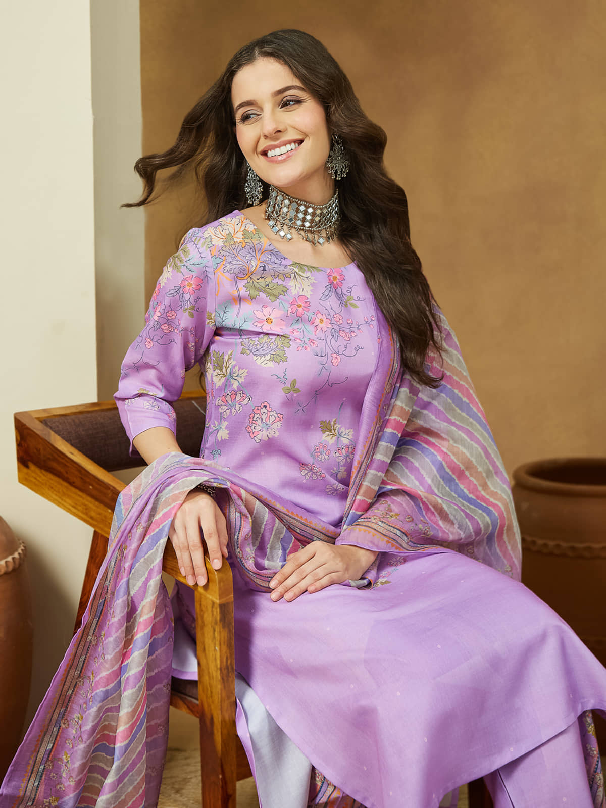 Janasya Women Cotton Blend Printed Straight Kurti With Pants ( Lavender )