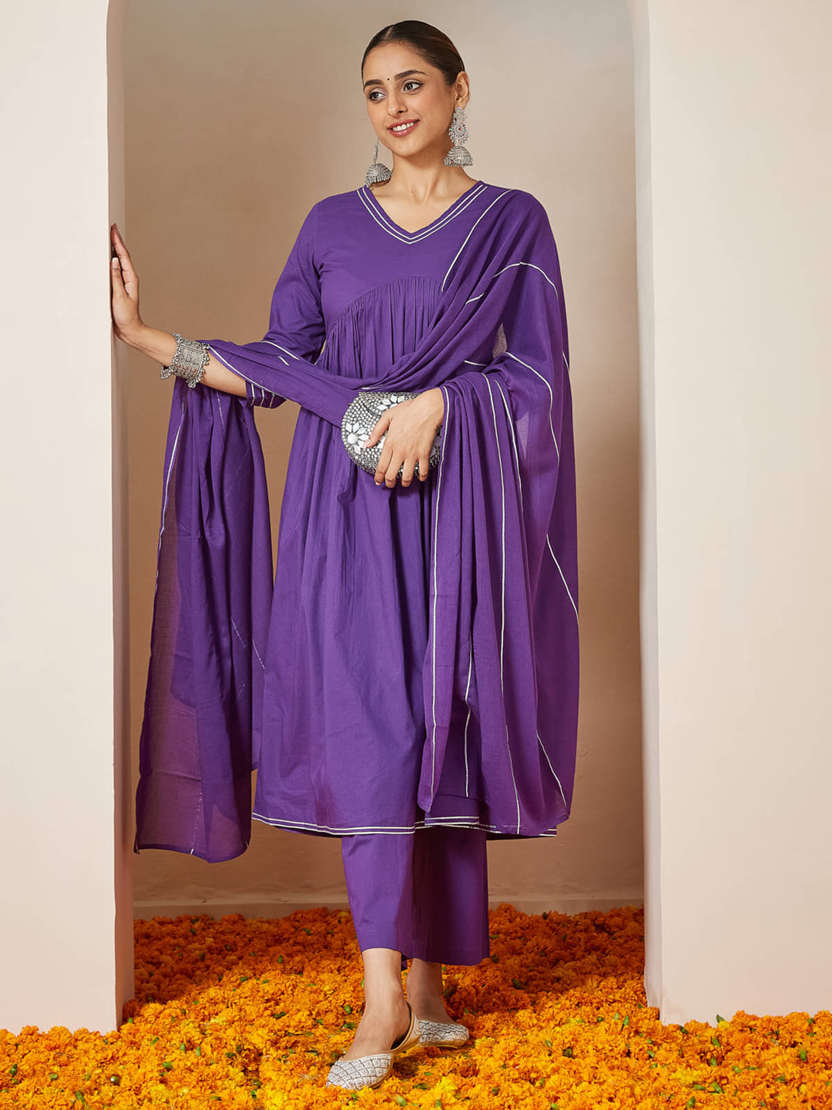 Janasya Women Cotton Embellished A-line Kurti With Pants ( Purple ) Janasya Women Cotton Embellished A-line Kurti With Pants ( Purple )