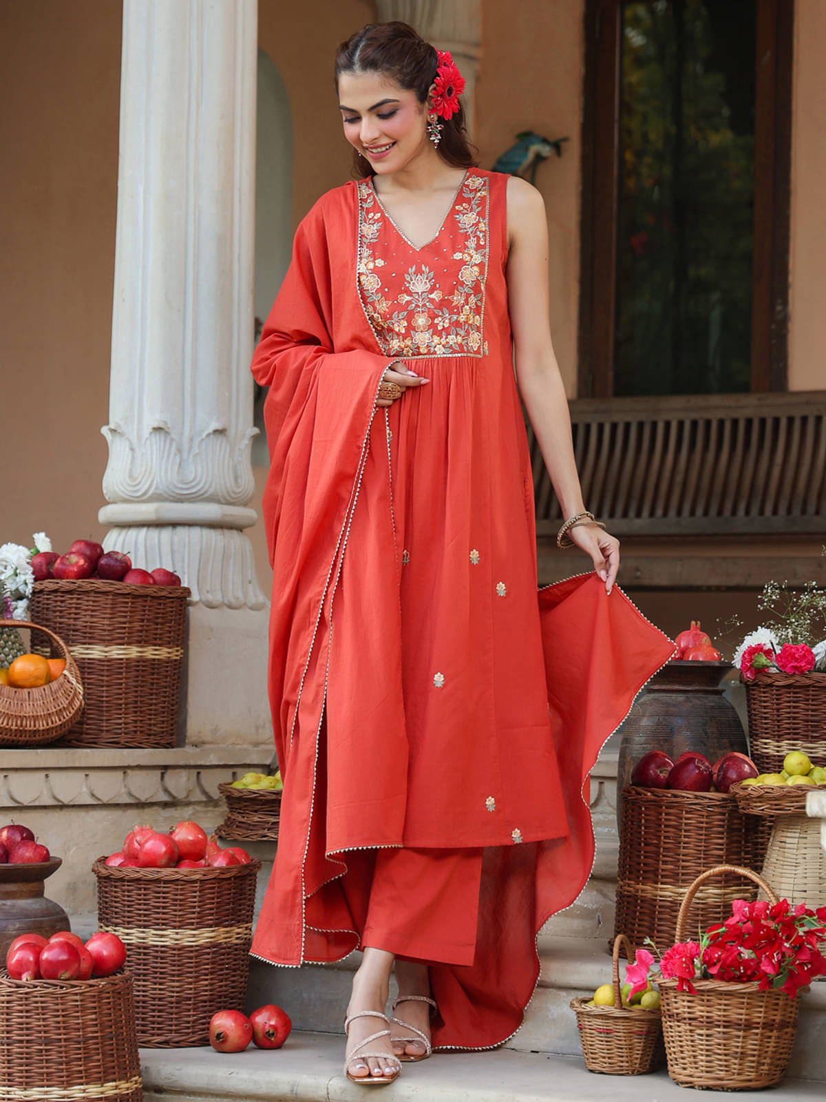 Janasya Women Cotton Embroidered A-line Kurti With Pants ( Rust ) Janasya Women Cotton Embroidered A-line Kurti With Pants ( Rust )