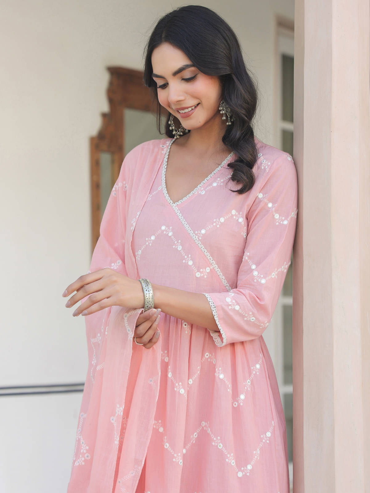 Janasya Women Cotton Embroidered A-line Kurti With Pants ( Peach ) Janasya Women Cotton Embroidered A-line Kurti With Pants ( Peach )