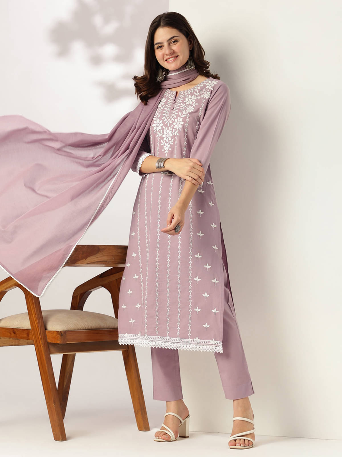     			Janasya Women Cotton Embroidered Straight Kurti With Pants ( Purple )