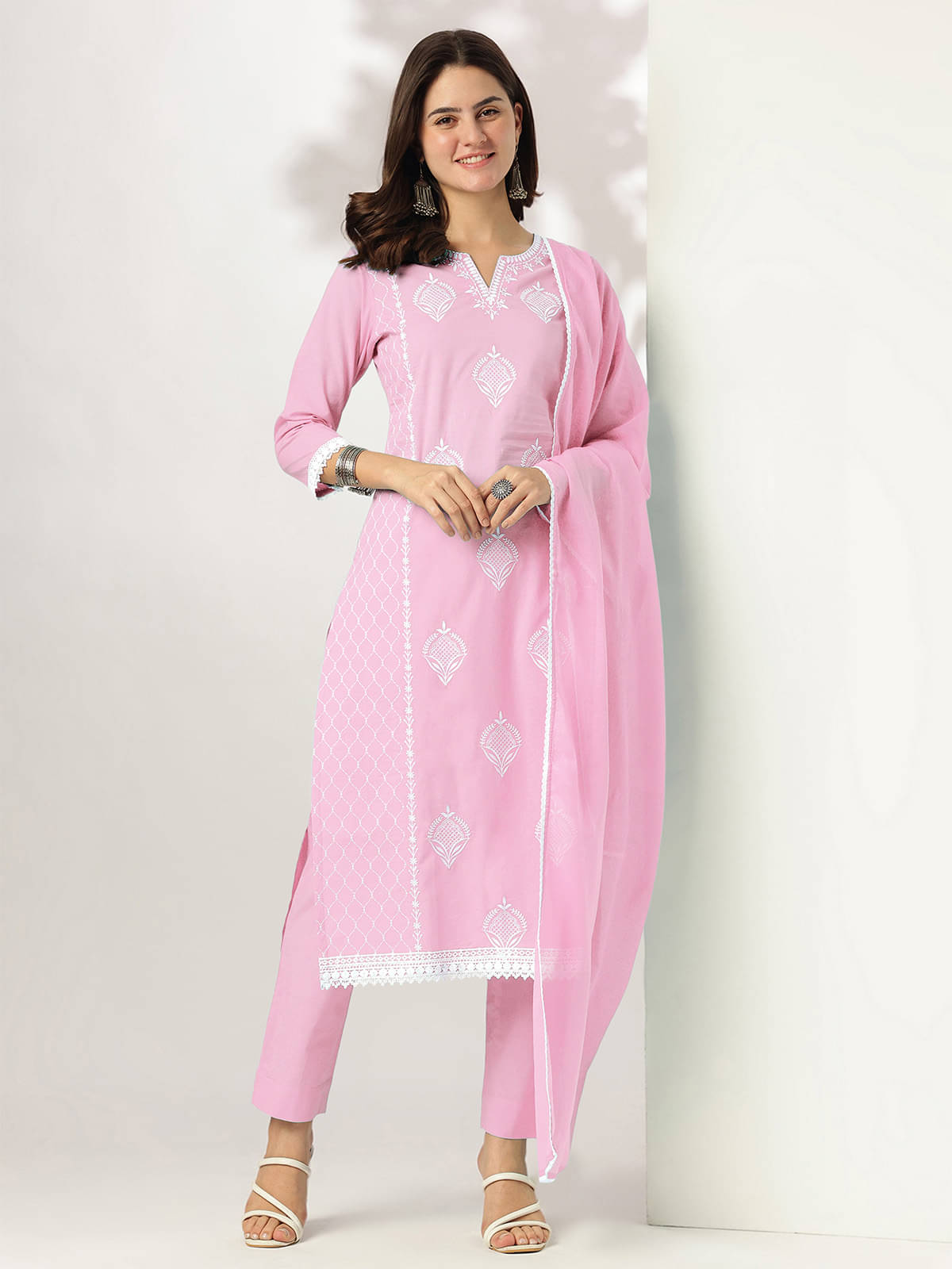 Janasya Women Cotton Embroidered Straight Kurti With Pants ( Pink ) Janasya Women Cotton Embroidered Straight Kurti With Pants ( Pink )
