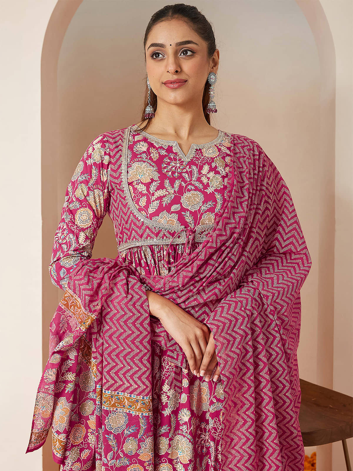 Janasya Women Cotton Printed A-line Kurti With Pants ( Pink )