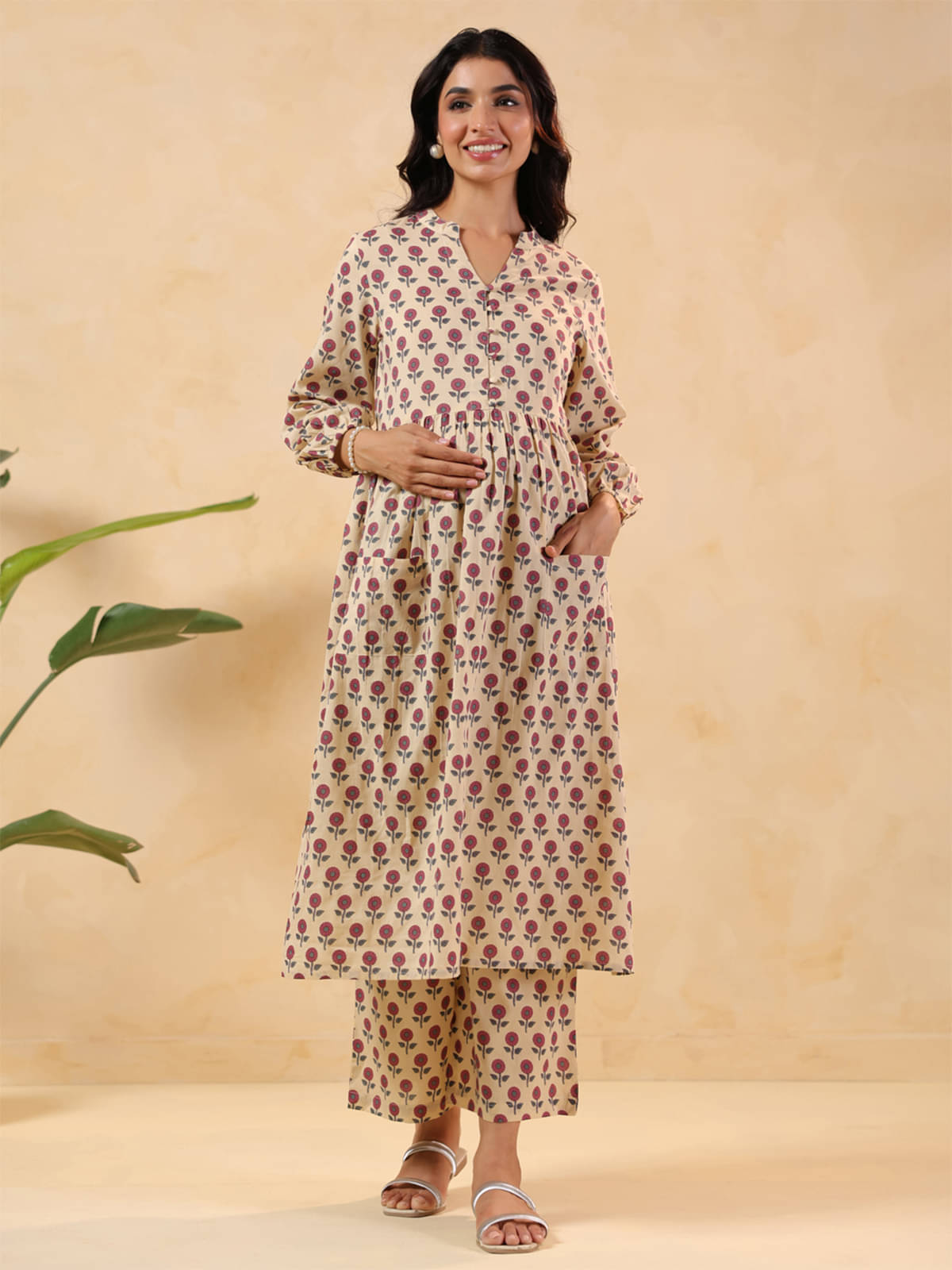     			Janasya Women Cotton Printed A-line Kurti With Pants ( Cream )