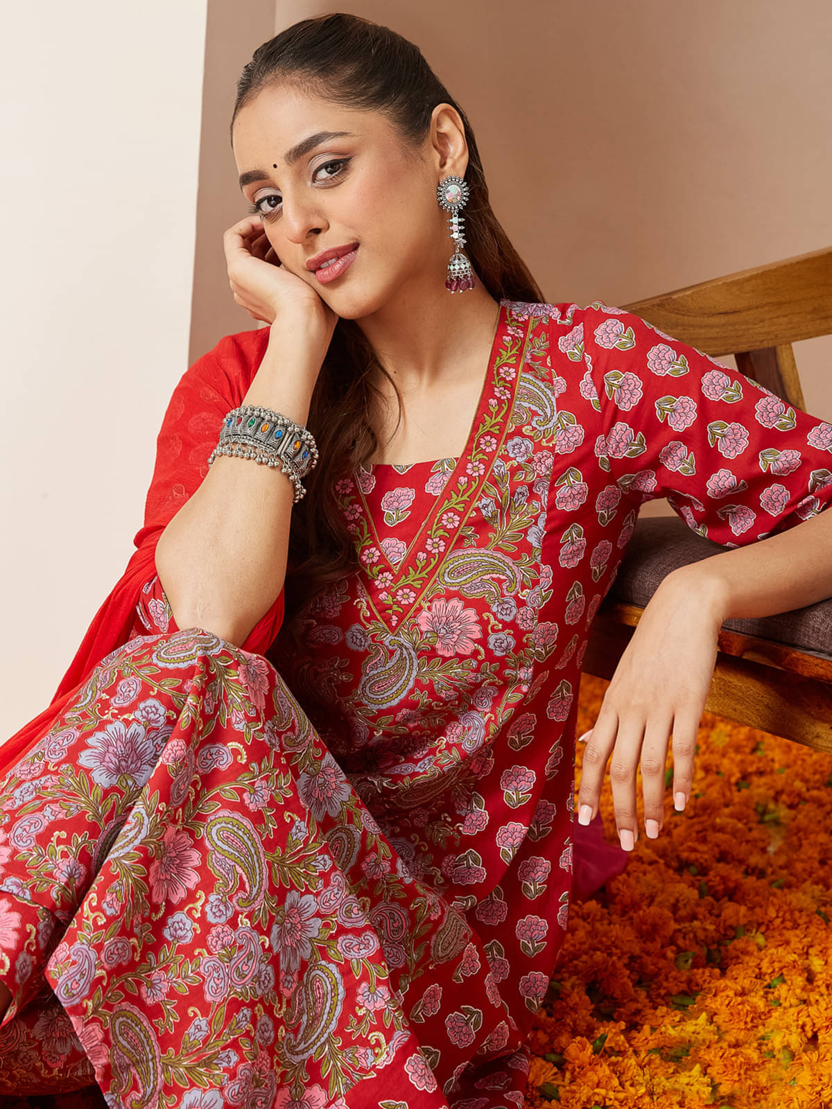 Janasya Women Cotton Printed A-line Kurti With Pants ( Red ) Janasya Women Cotton Printed A-line Kurti With Pants ( Red )