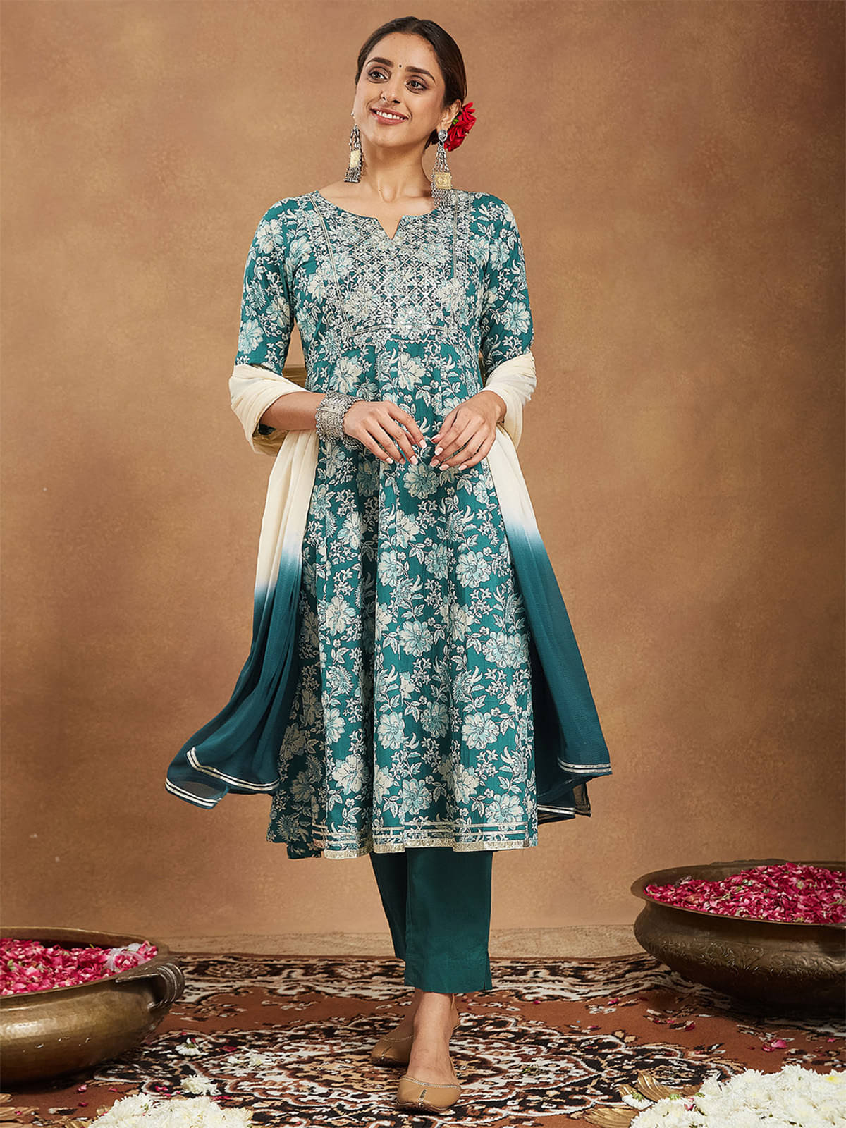 Janasya Women Cotton Printed Anarkali Kurti With Pants ( Teal ) Janasya Women Cotton Printed Anarkali Kurti With Pants ( Teal )