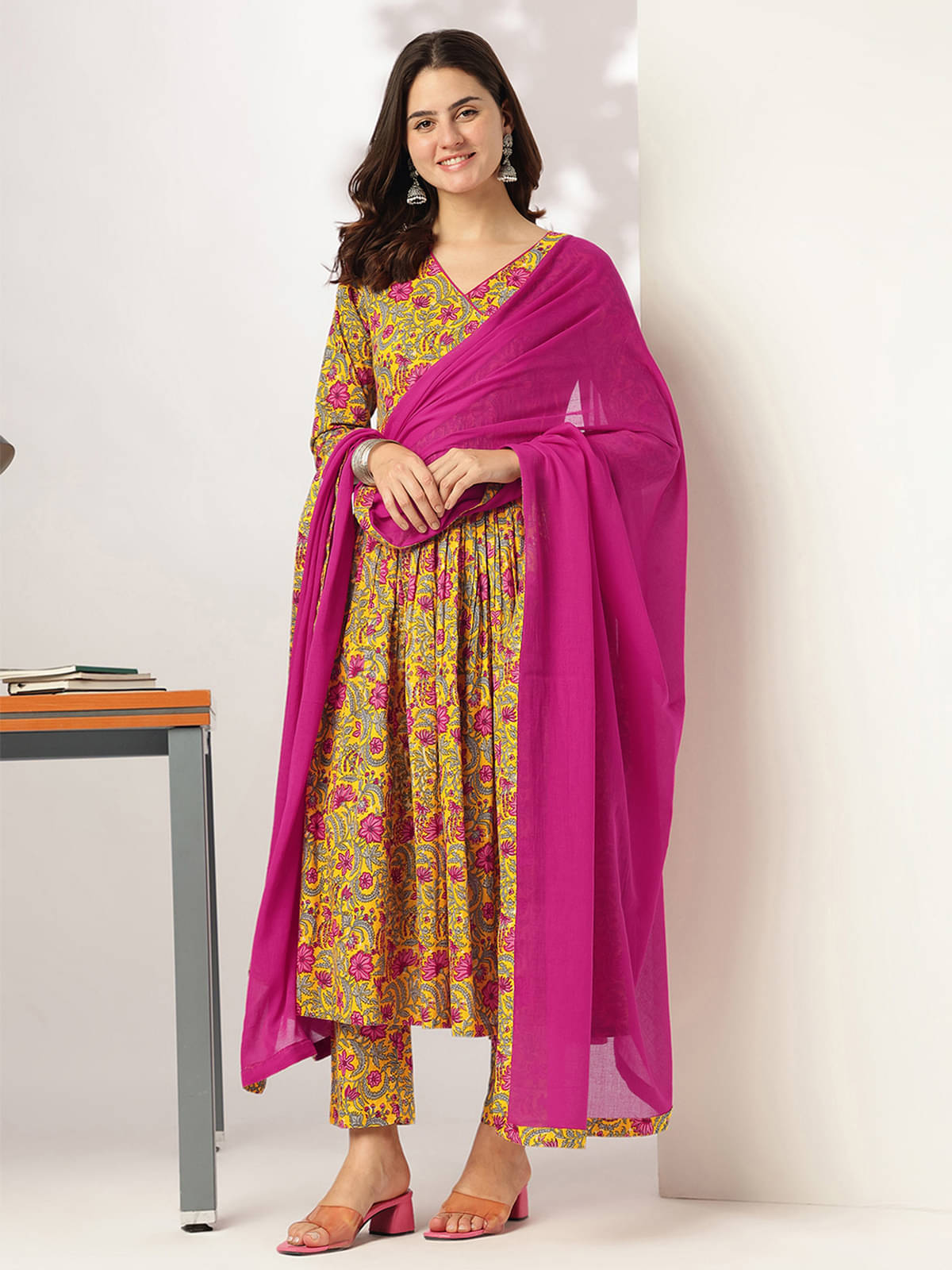 Janasya Women Cotton Printed Angrakha Kurti With Pants ( Yellow ) Janasya Women Cotton Printed Angrakha Kurti With Pants ( Yellow )