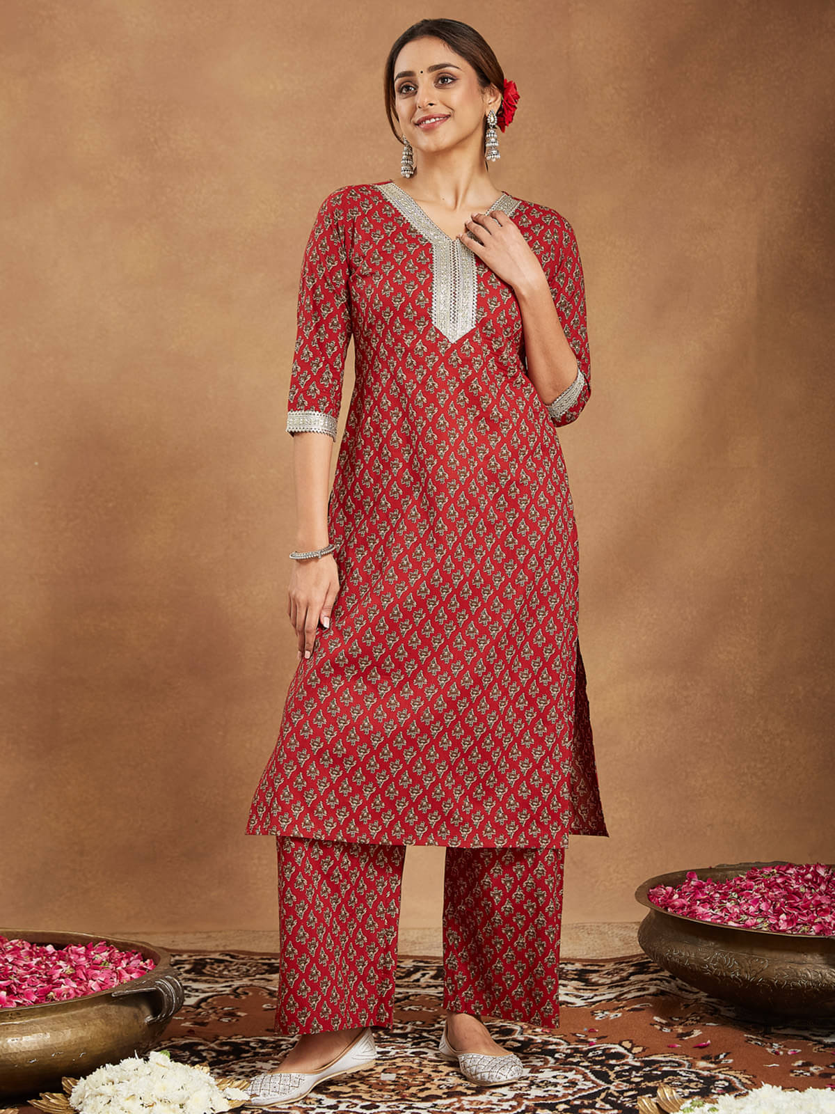 Janasya Women Cotton Printed Straight Kurti With Pants ( Maroon )     			Janasya Women Cotton Printed Straight Kurti With Pants ( Maroon )